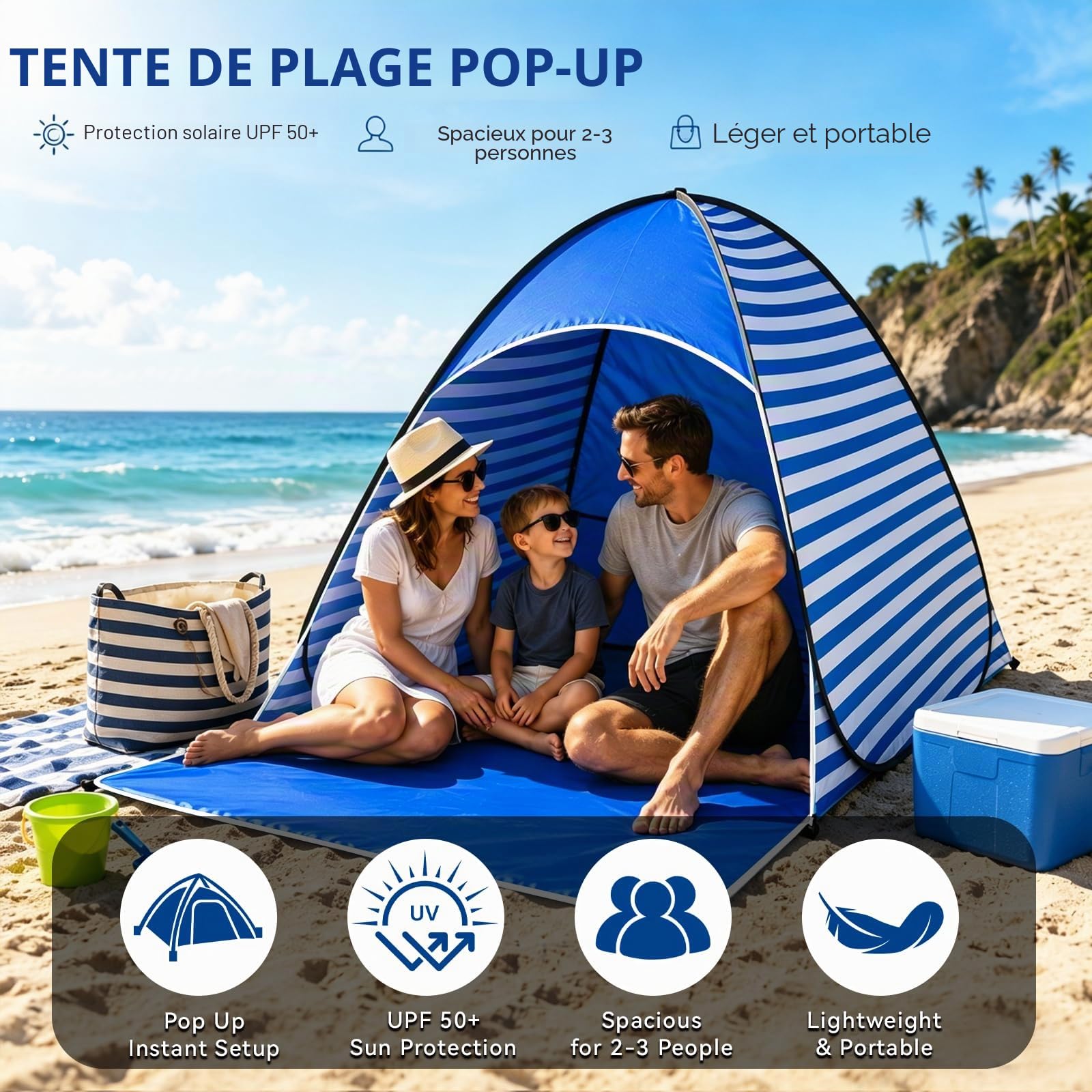 Tente de Plage Pop-Up, Abri de Plage Pop-Up, Protection UV 50+, pour 2 à 3 Personnes, avec Sac de Rangement et Sardines, Idéal pour Le Camping Familial, Les Pique-niques et la Plage (Bleu)