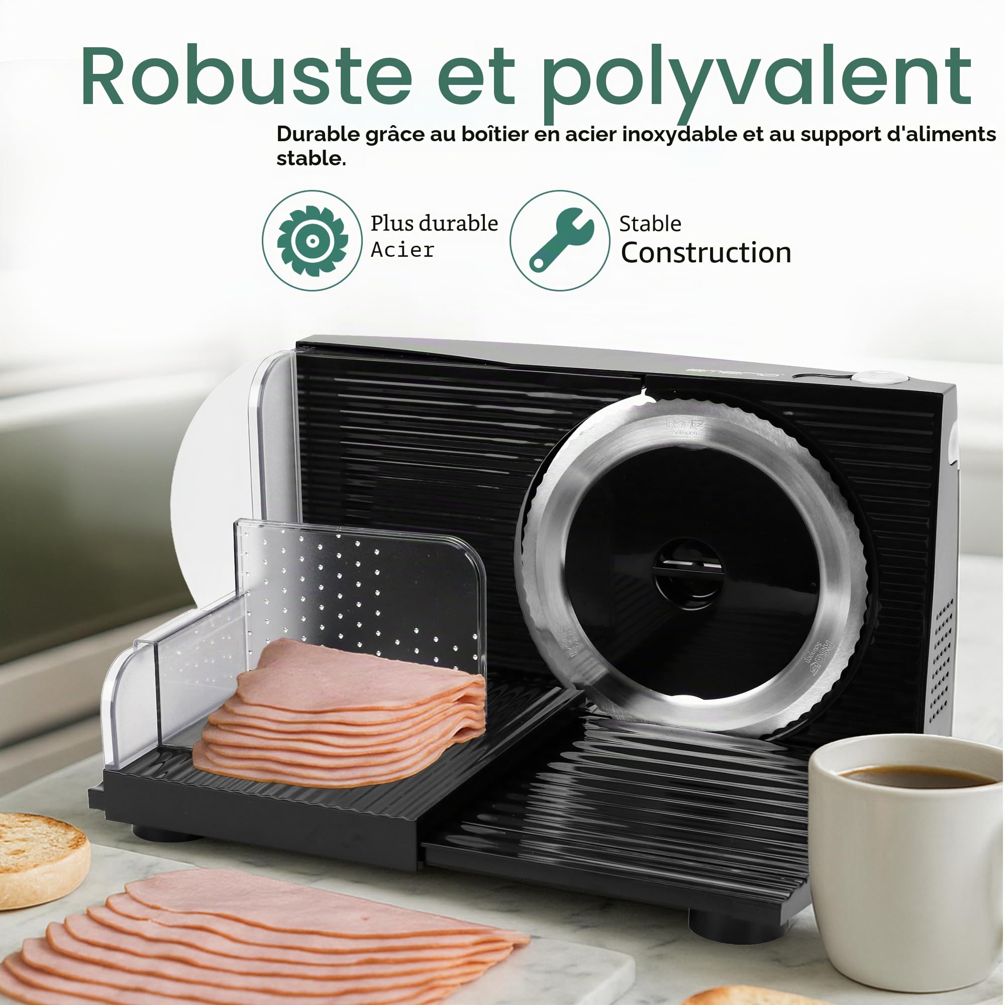 Emerio Trancheuse « Made in UE », lame en acier inoxydable fabriquée en Allemagne, réglable de 0 à 17 mm, sans BPA, pliable pour économiser de l'espace, avec interrupteur de sécurité, Eco 100 W,