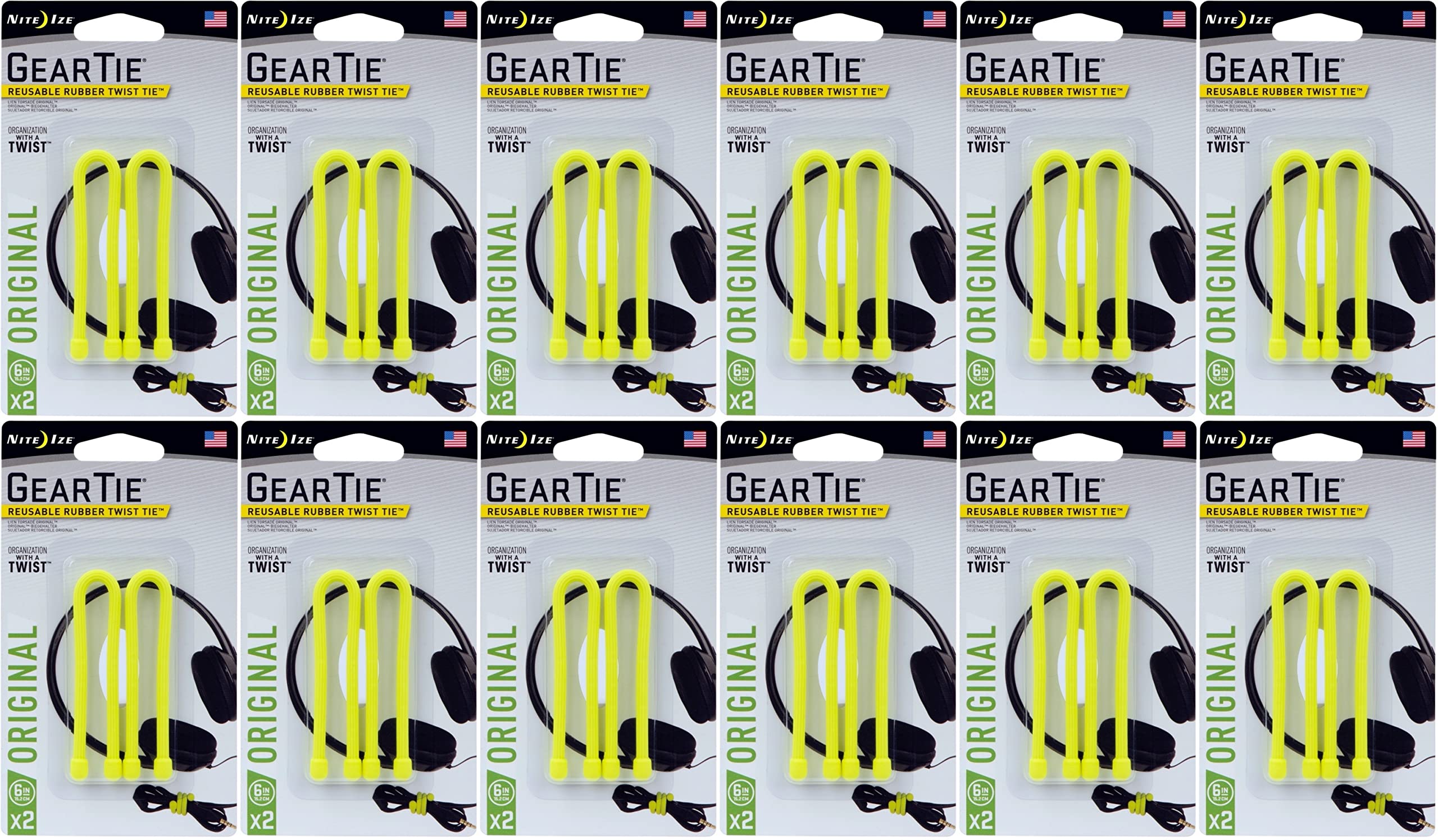 Nite Ize Gear Tie 6” – Fascette Riusabili In Gomma, Neon Giallo (Confezione Da 2) – Perfette Per Organizzare Cavi E Fili