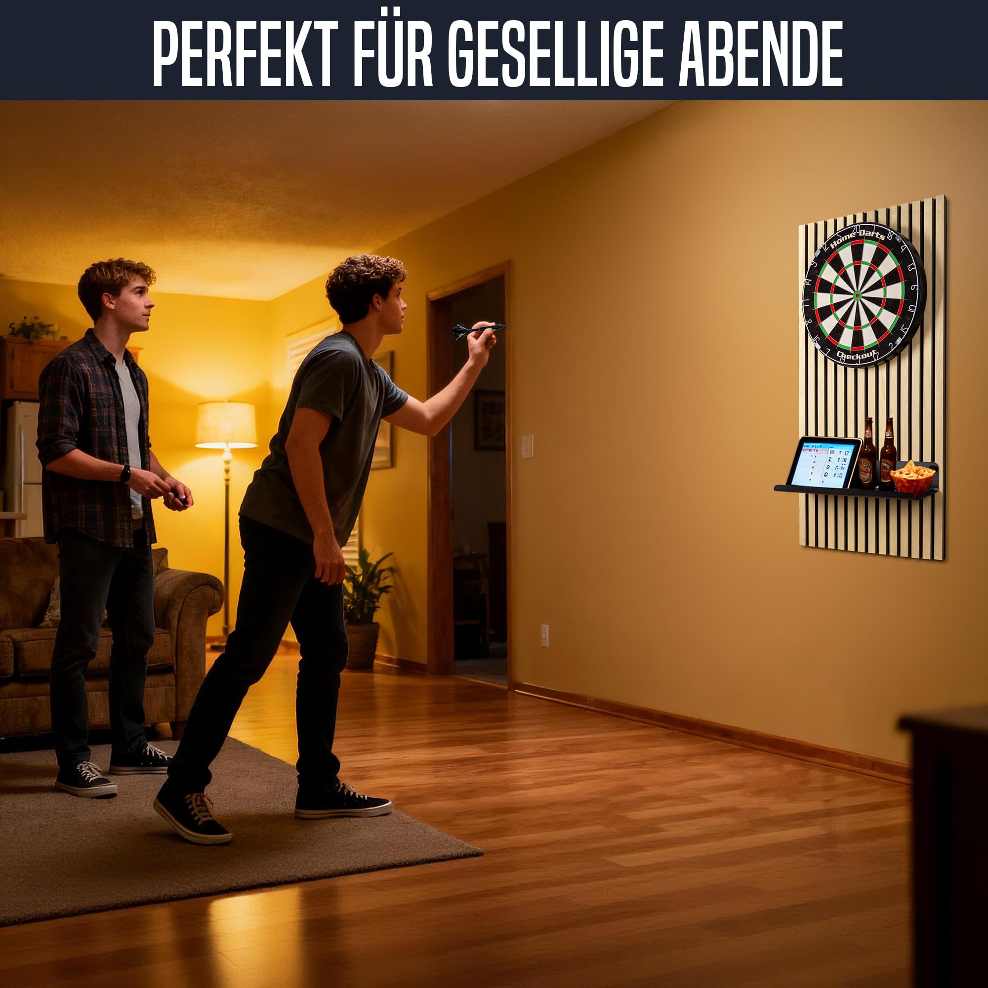 HOME LOVE® Dartscheibe Steeldart mit Dart Wandschutz & Ablage – Premium Sisal Dartboard Set mit 6 Steel-Darts & schalldämmender Rückwand – Steeldartscheibe Geschenk für Dart-Fans