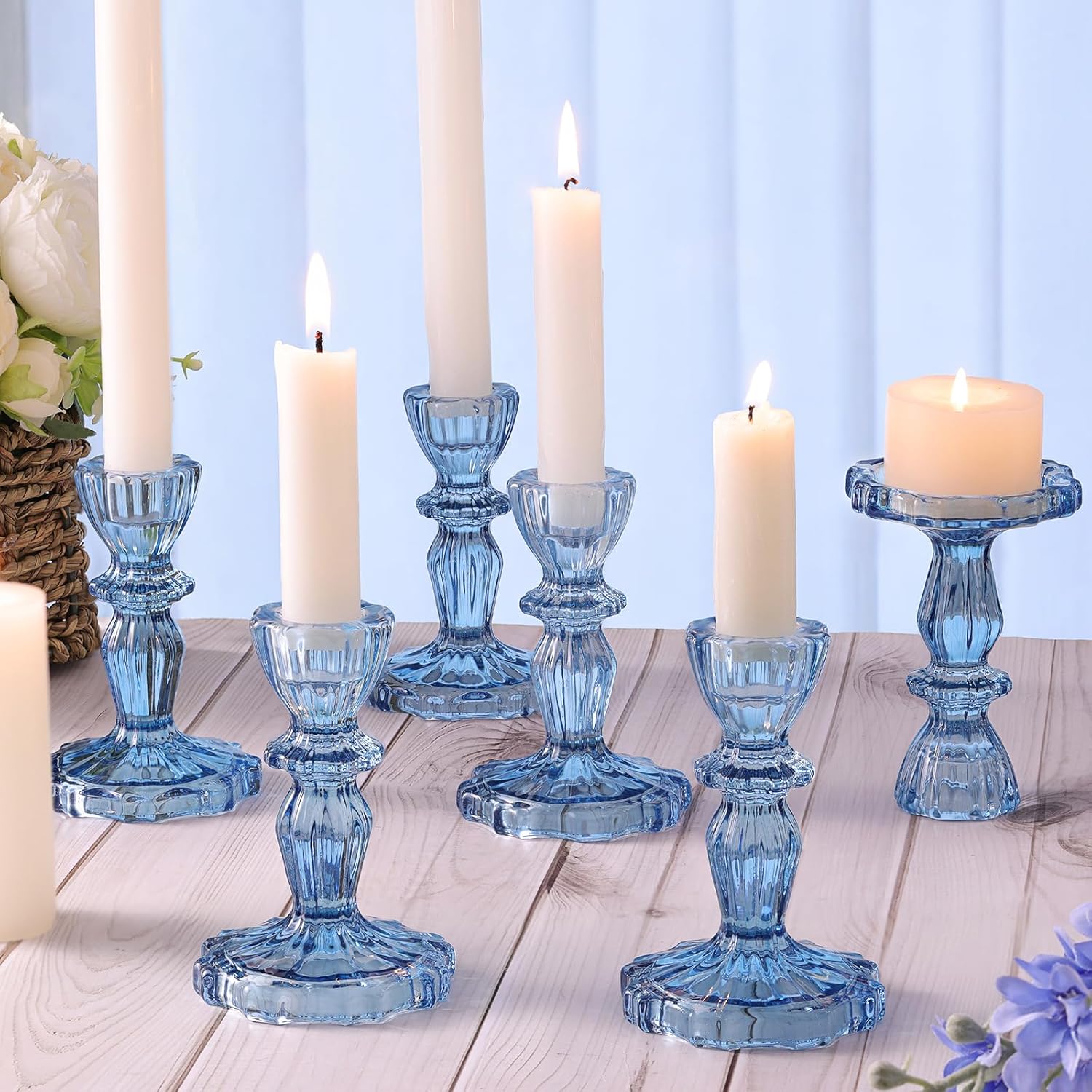 12pcs Taper Candle Holders, Candlestick Holders, Glass Candle Holder - Vintage Flower Design Candle Holders for Wedding, Baby Shower & Fall Table Decor, Christmas & Thanksgiving Decor (Blue)
