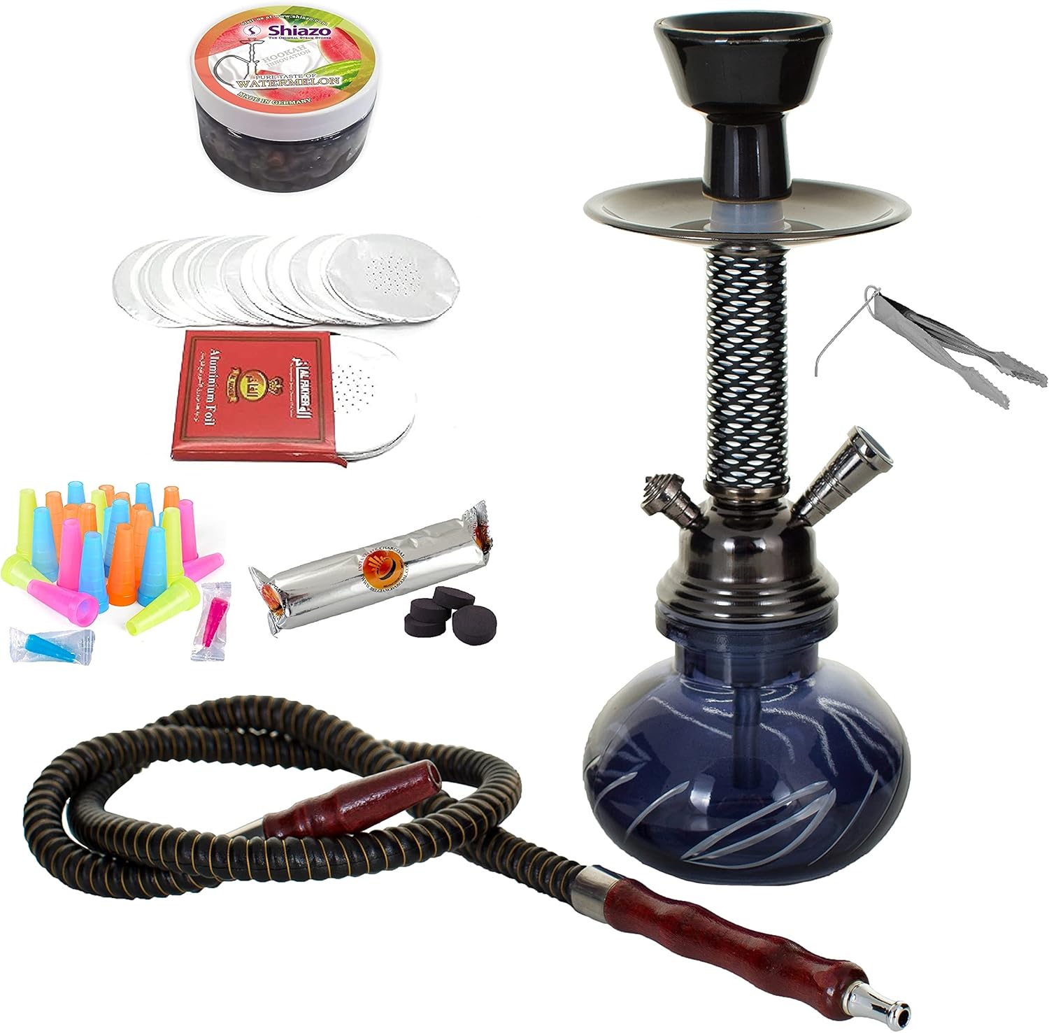 DON PABLO SHISHA WORLD Shisha Classic Cachimba Manguera Varios Accesorios Base de Cristal Negro Pipa de Agua Carbones Tamaño Práctico Narguile Hookah Premium (Blu Scuro 1)