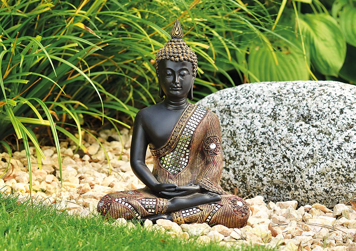 Thai Buddha-Figur, meditierend, schwarz-Gold | Dekofigur, Skulptur, Statue, Deko-Artikel, H 27 cm, Mehrfarbig