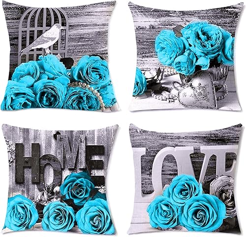 Juego de 4 fundas de almohada turquesa de 20 x 20 pulgadas, color verde azulado, gris aguamarina, funda de almohada rosa para sofá, sofá, floral,