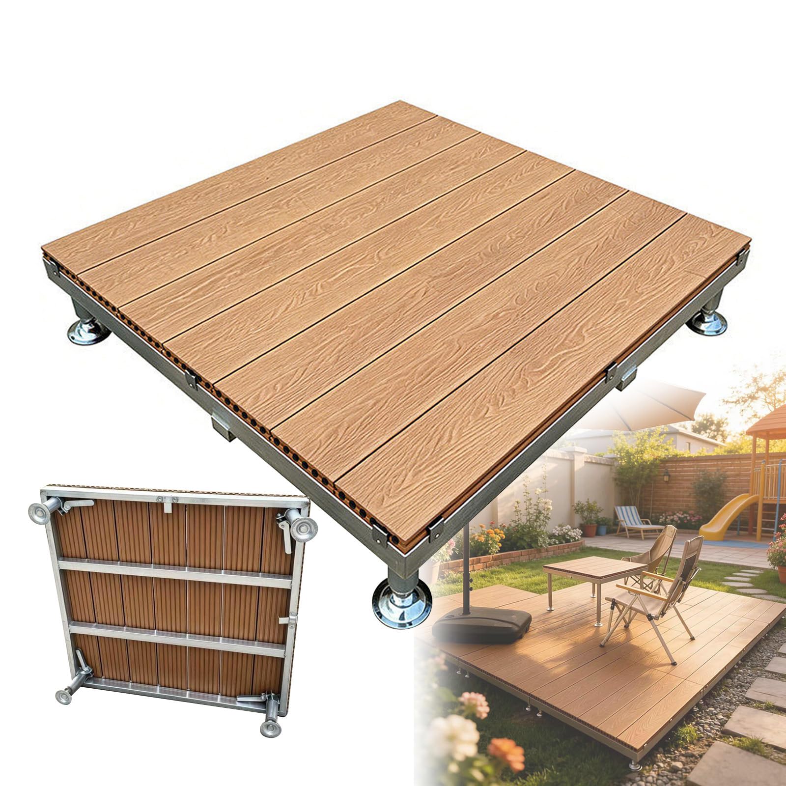 Piattaforma Terrazze Regolabili 84x84cm Piastrelle WPC Da Giardino Esterno | Decking Modulare Rialzato, Tenda Campeggio Terrazze Pavimentazione, Impermeabile Antiscivolo Incastro(Light brown)