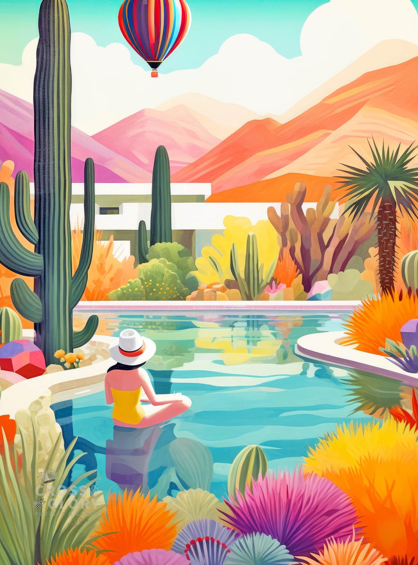 Cross & Glory Blossoming Desert: Poolside Paradise - Premium 1000-Piece Jigsaw Puzzle , Eco-Friendly, Vibrant Colors, Satin Finish, 20x27 Inches, Adult Challenge