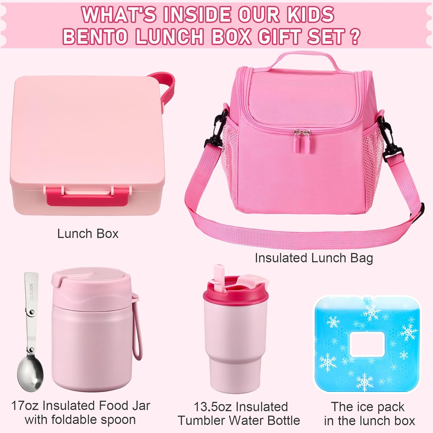 Bento Lunch Box for Kids with 17oz Soup Thermo,Insulated Tumbler Water Bottle and Insulated Lunch Bag,Leak-Proof 3 Compartment Lunch Food Container with Ice Pack for Kids to School-Pink thumbnail