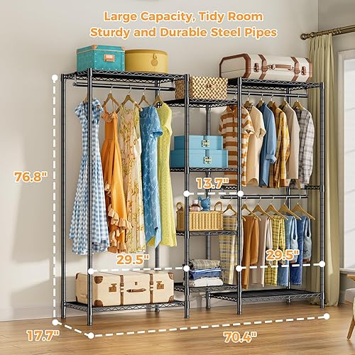 Miniatura 2 de TONNSO T01 Perchero de ropa resistente, perchero de metal independiente con 4 estantes ajustables y 3 barras para colgar, armario portátil de 70.5