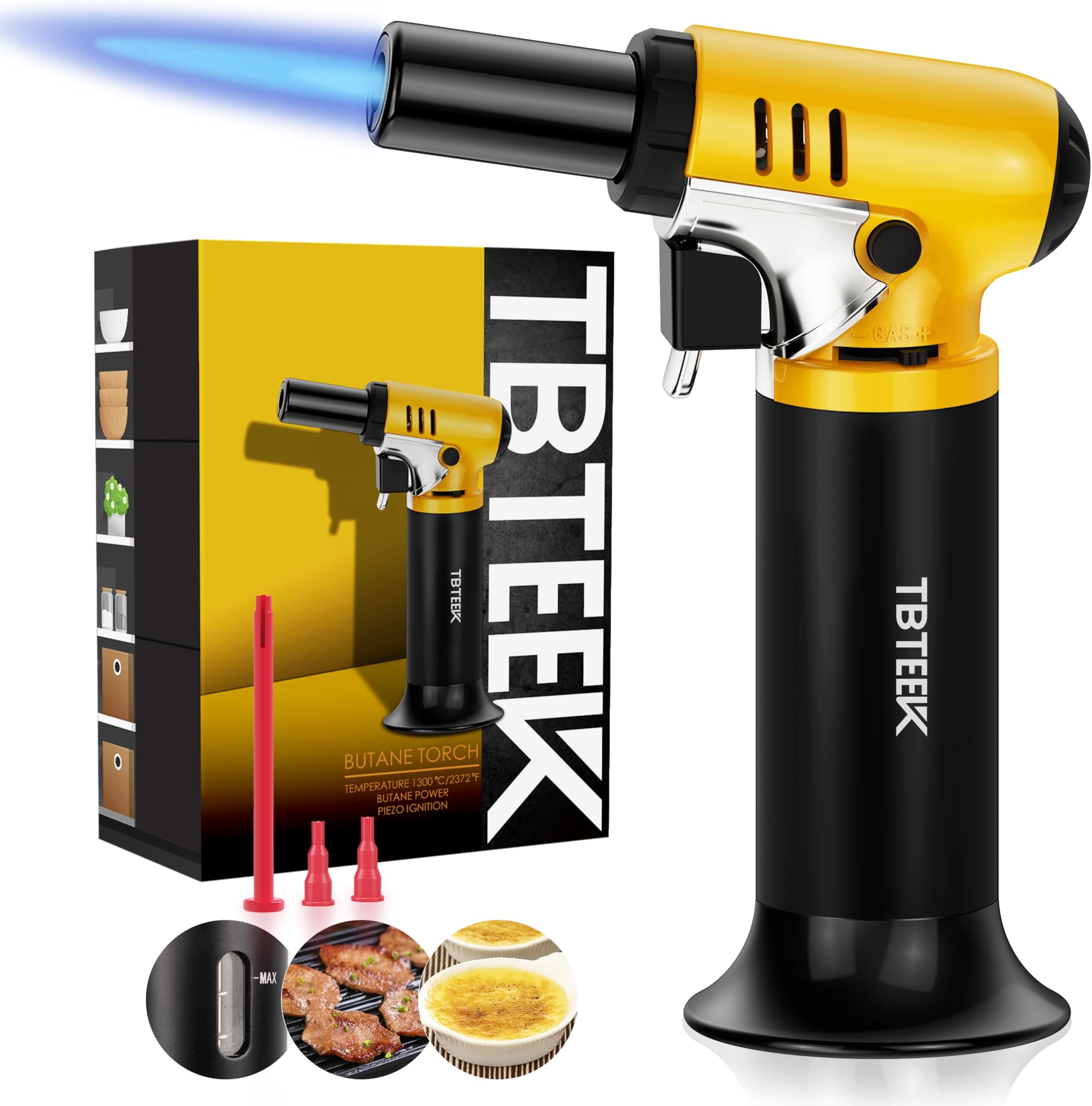 Kitchen Torch, One-Hand Operation Butane Torch Lighter with Gas Gauge, Adjustable Flame for BBQ, Baking, Brulee Creme, Crafts and Soldering(Butane Gas Not Included)