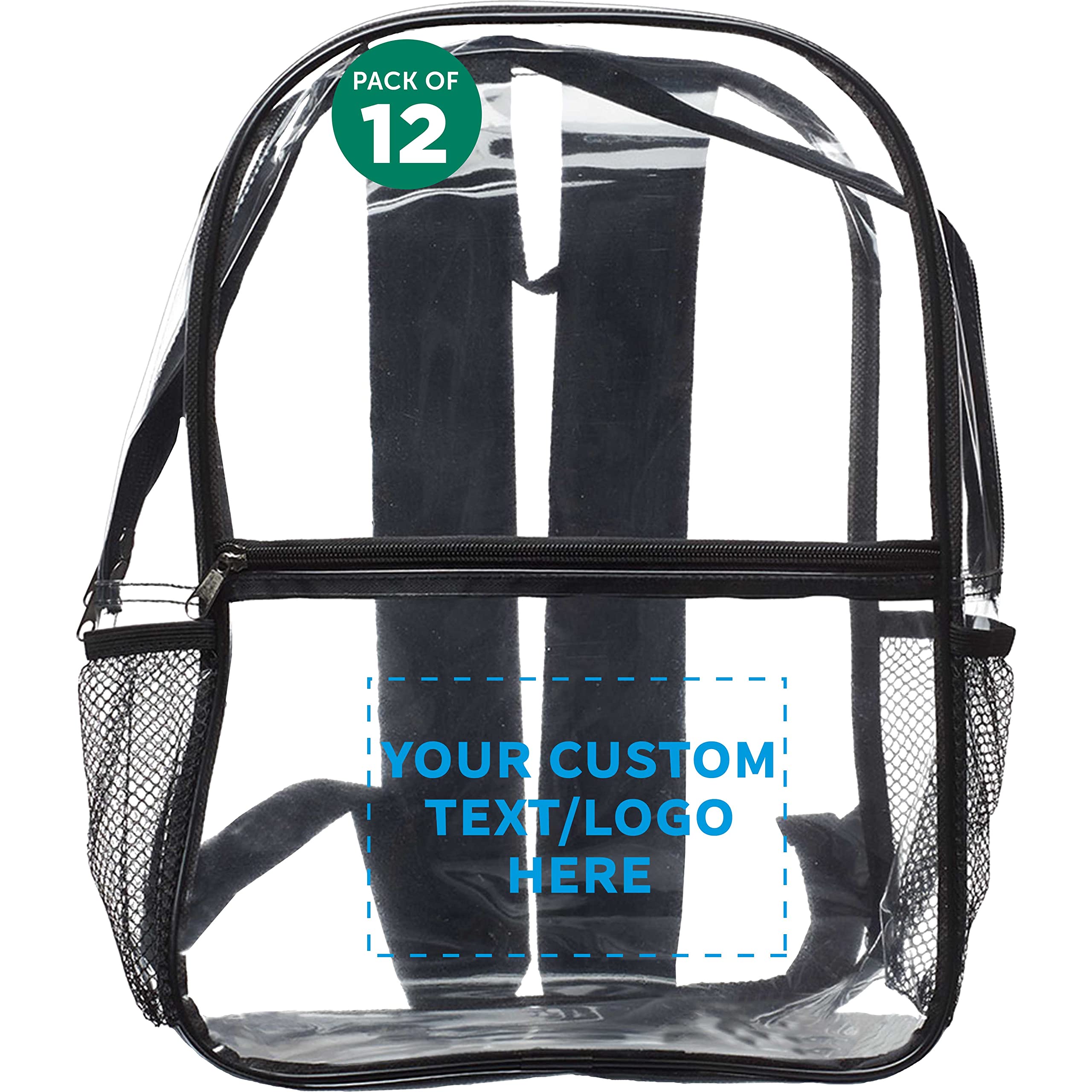 DISCOUNT PROMOS Custom Clear PVC Plastic Backpacks Set of 12, Personalized Bulk Pack - Water Resistant, Perfect for Travel, Outdoor - Clear Black