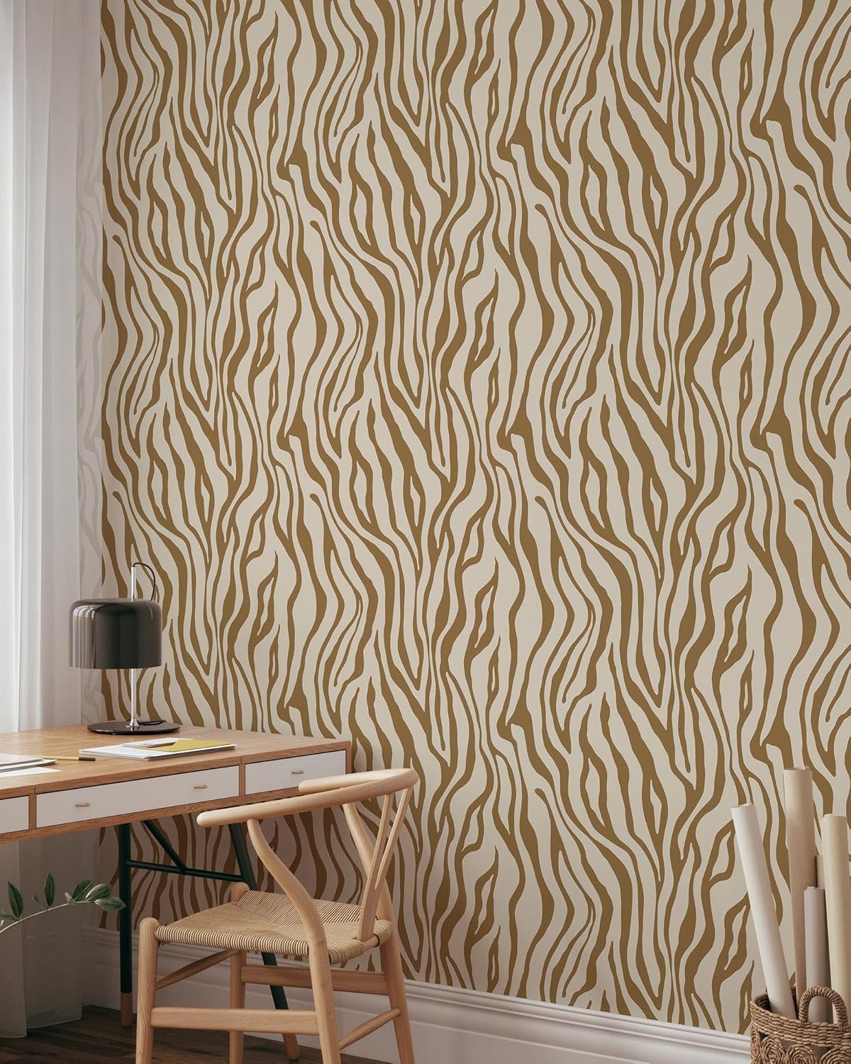 Contemporary Tiger Print Wallpaper | Removable Self Adhesive Jungle Animal Waves Skin Wallpaper | Neutral Modern Peel and Stick Wall Decor (1 roll 24" W x 96" H)