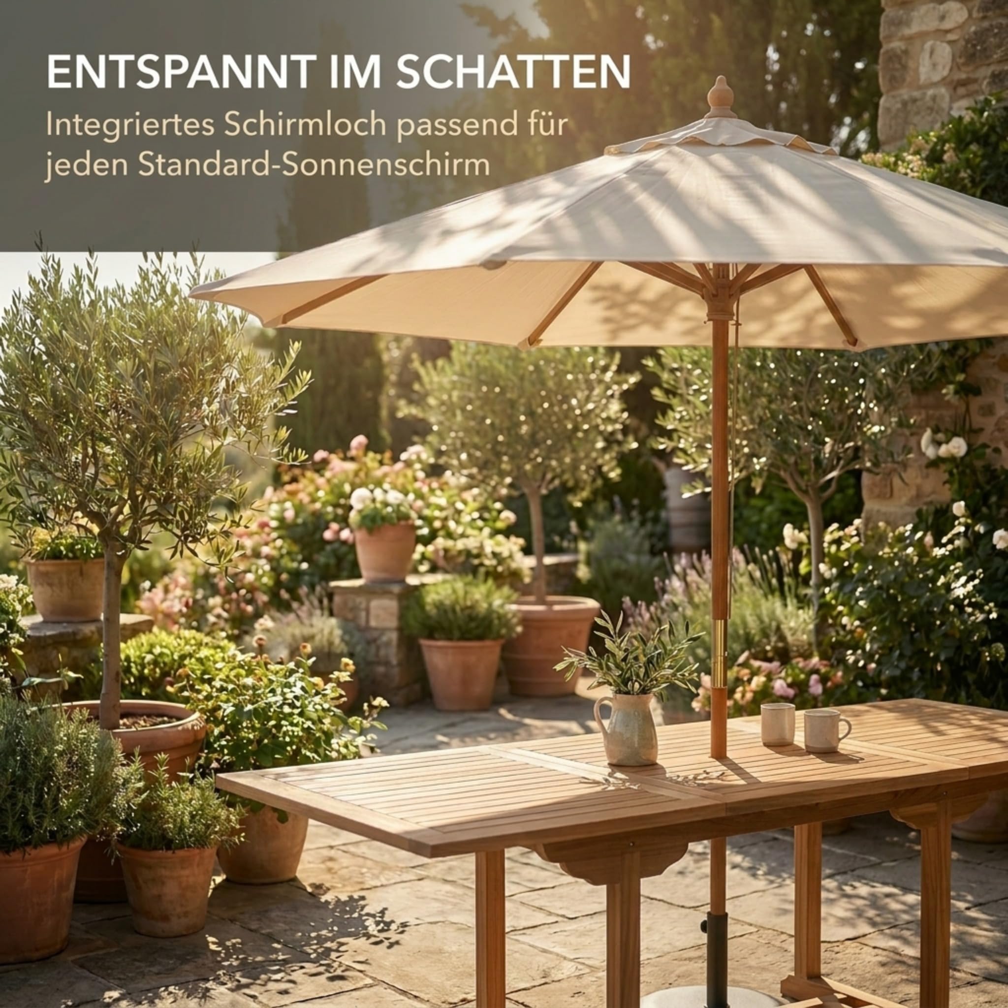 SAM Premium Gartentisch ausziehbar Madera, Garten Tisch aus Teakholz 120-170 x 120 cm, wetterfester Terrassentisch mit Schirmloch, rechteckiger Holztisch für Garten Terrasse, massiver Holz Esstisch