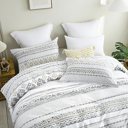 Vista 2 de Y-PLWOMEN Funda de edredón tamaño Queen, funda de edredón 100% algodón, tamaño Queen, juego de funda de edredón de 3 piezas con diseño geométrico