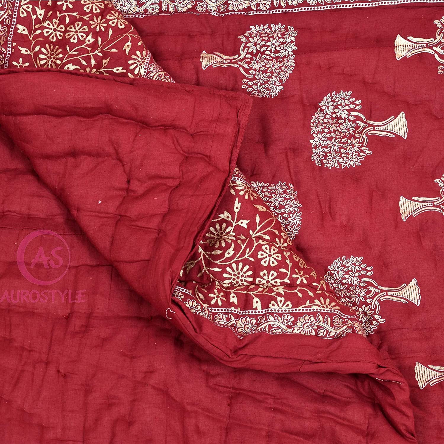 AUROSTYLE 400 TC Pure Cotton Floral Design with Gold Printed Traditional Rajasthani Jaipuri Quilt/Razai/Rajai (Light Weight, Double Bed-90 x 105 Inch) (Design 6)| TC - 400 4