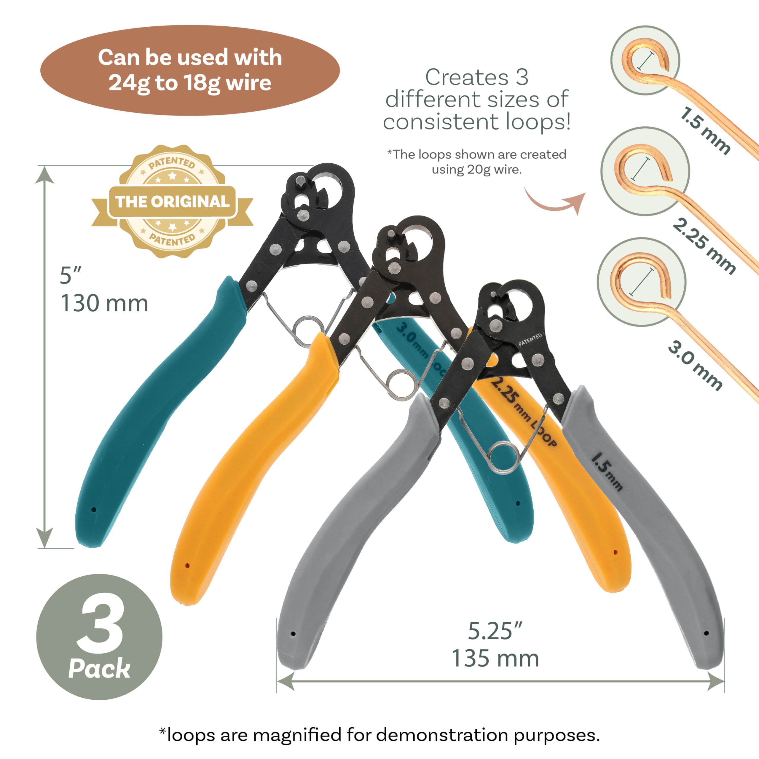 The Beadsmith Oryginalne szczypce One Step Loopers – zestaw 3 elementów, zawiera szczypce 1,5 mm, 2,25 mm i 3 mm, do użytku z drutem rzemieślniczym o grubości 24–18 g (patent)