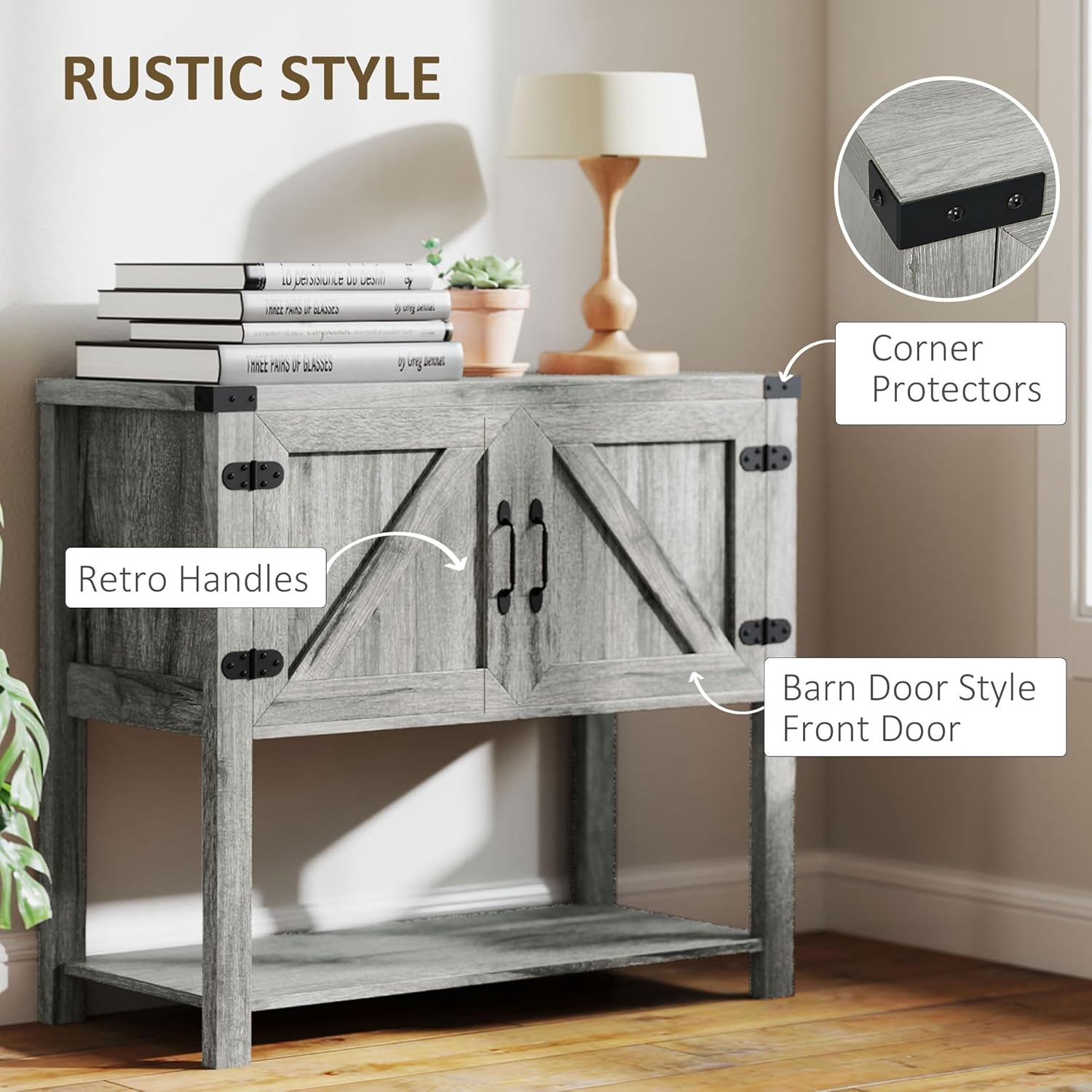 HOMCOM Farmhouse Double Door Coffee Bar Cabinet, Console Table, Sideboard Buffet Cabinet with Bottom Shelf for Entryway, Living Room, Stone Gray