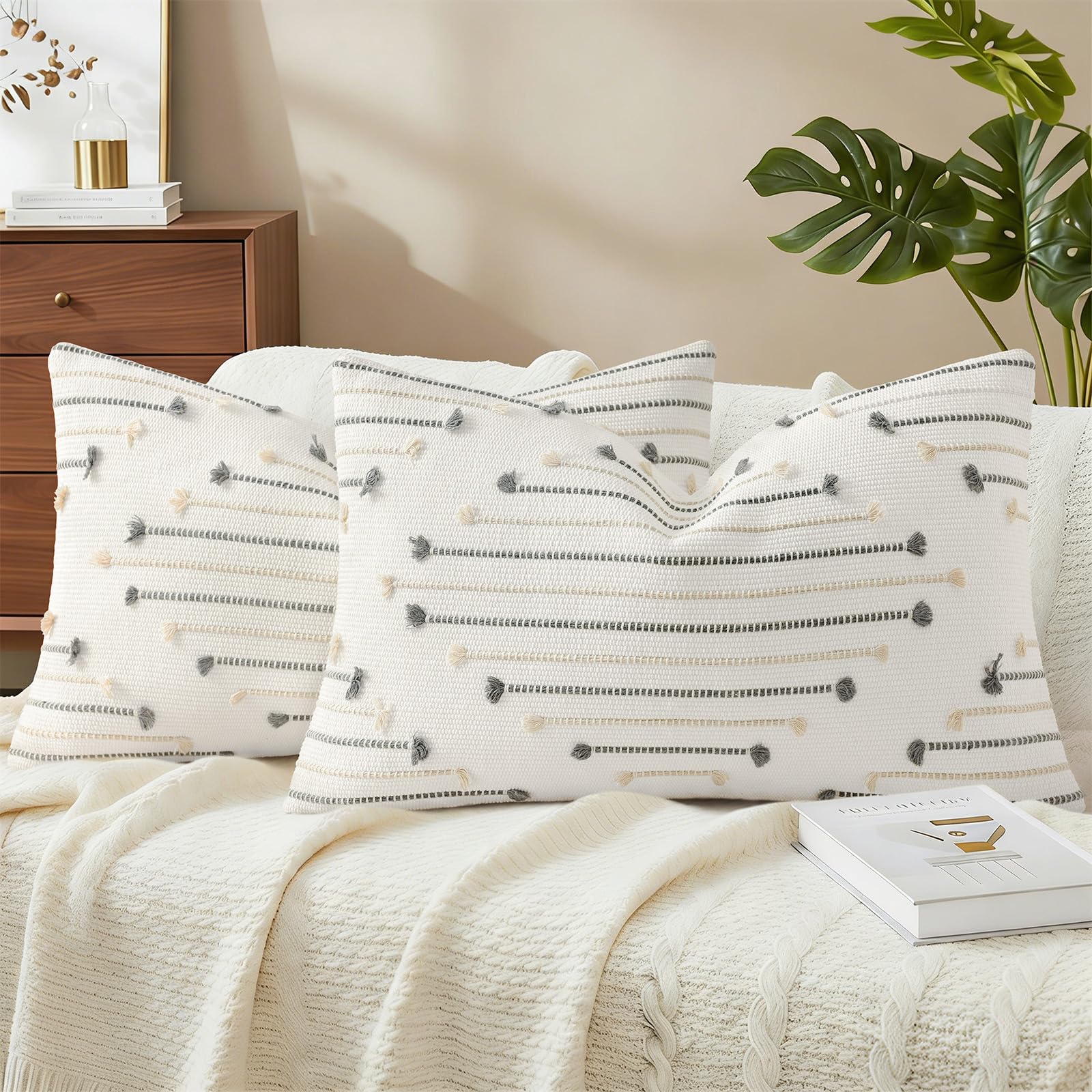 Mecatny Boho Summer Outdoor Throw Pillow Covers 12X20 Set of 2, Farmhouse Lumbar Pillow Covers for Couch Sofa Living Room, Beige & Grey