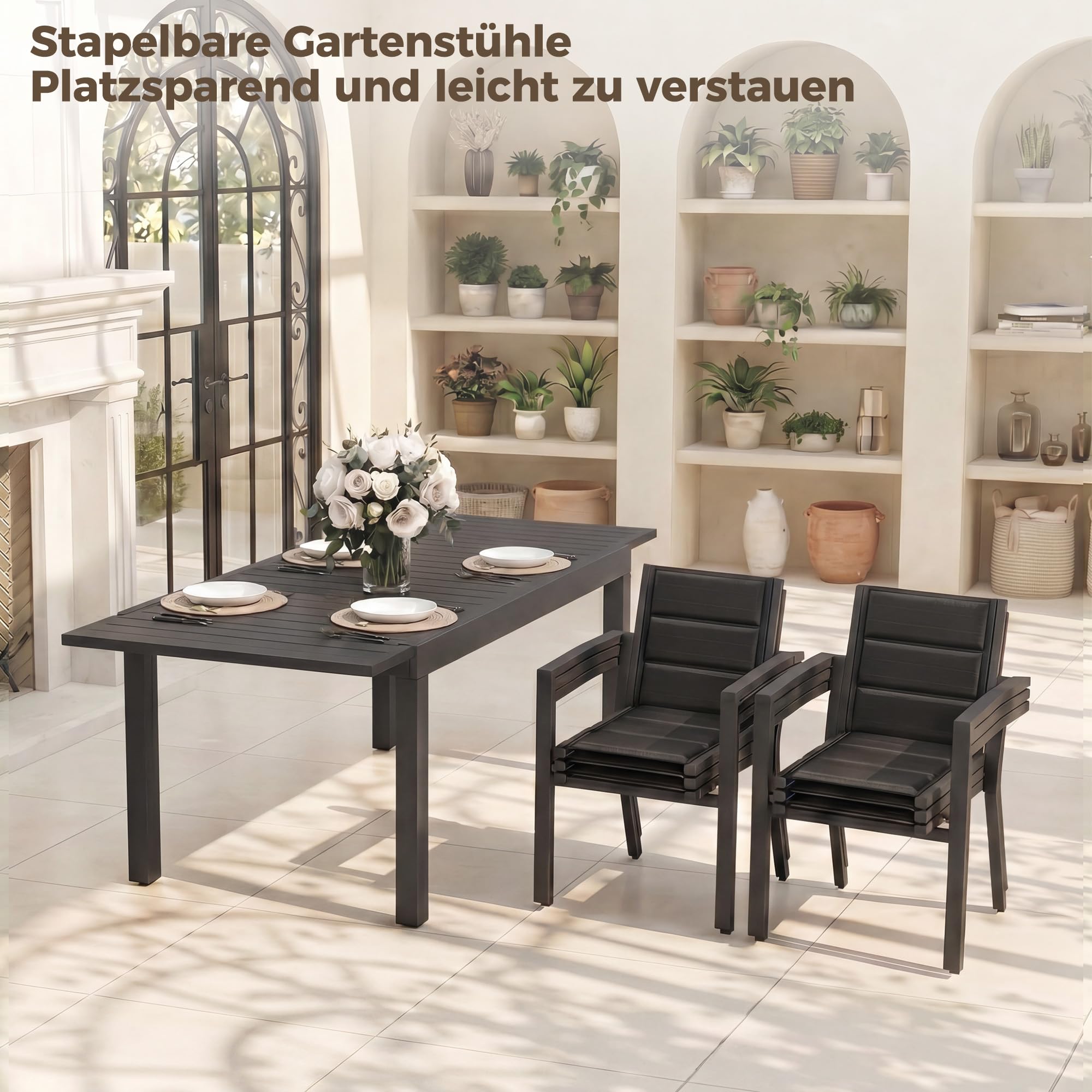 TRIUMPHKEY Gartenmöbel Set 6 Personen, Balkonmöbel mit Aluminium, 6 Stapelstühle und 1 80/160 cm Gartentisch Ausziehbar, Terassenmöbel Außen, Dunkelgrau