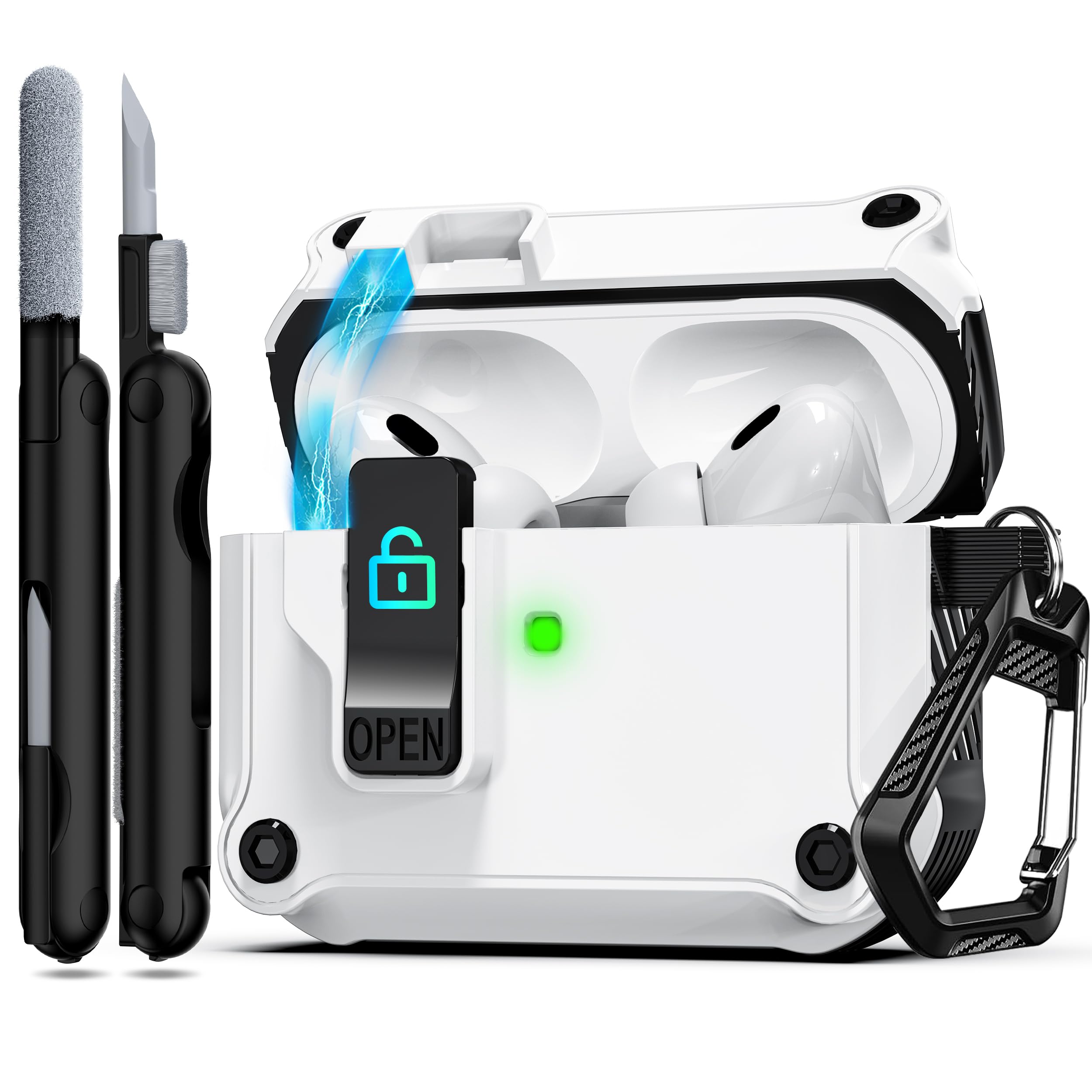 RFUNGUANGO for AirPods Pro Case Cover with Secure Lock Clip, Automatic Pop-up Case Full-Body Shockproof Hard Protective Cover for AirPods Pro 2023/