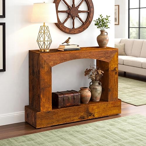 46 Inch Entryway Table U-Shaped, Wooden Console Table with Socket Farmhouse Sofa Table for Entrance, Hallway, Living Room,Behind Couch(Rustic Brown)