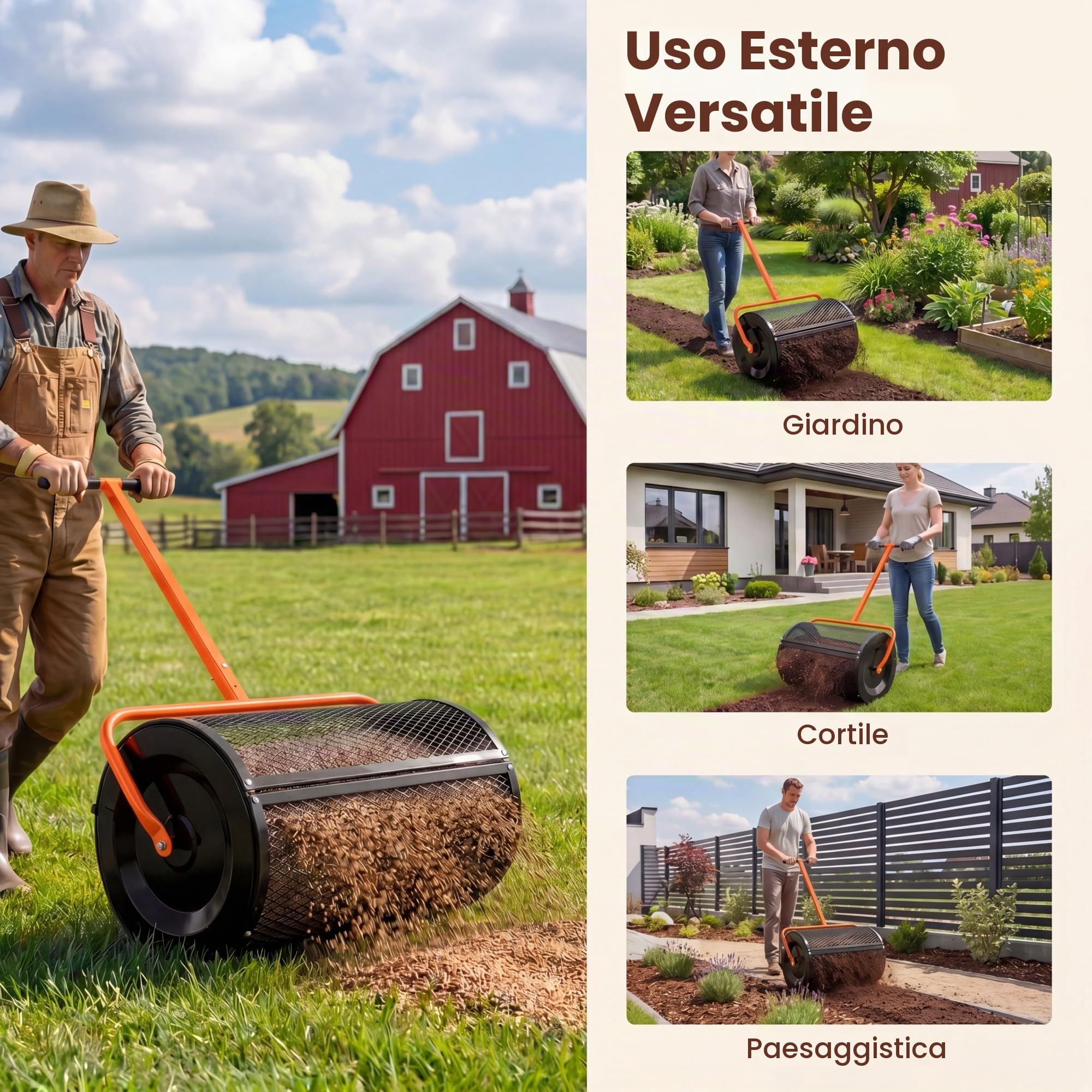 HOMASIS Spandiconcime a Rullo, Rullo da Giardino con Rete Metallica e Manico Regolabile in Altezza, Spanditore per Compost con Chiusure Laterali e Perno a Apertura a B per Cortile e Prato (Arancione)
