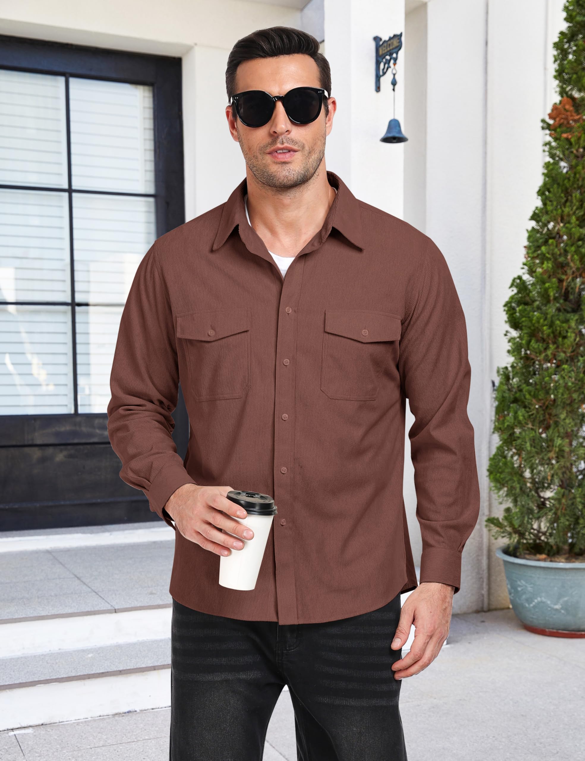 MoFiz Chemise en Velours Côtelé Homme Veste Chemise Boutonnée à Manches Longues Chaude Décontracté Haut Automne Hiver avec Poches