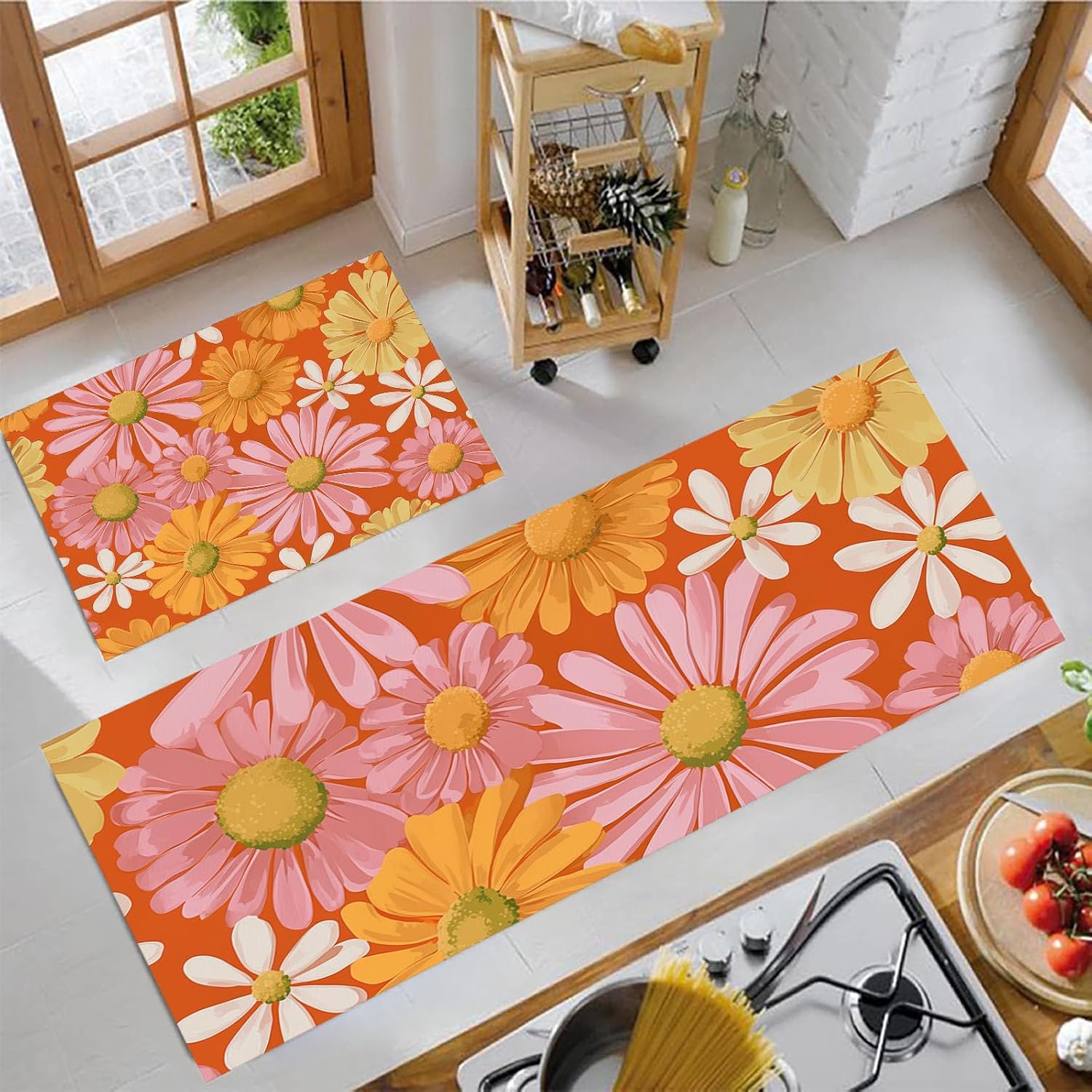 Kitchen Runner Rug 2 Pieces, Absorbent Funky Daisy Kitchen Mats with Nonslip Backed 70S Retro Carpet Rugs Soft & Machine Washable, 17.3"x48"+17.3"x28" Orange