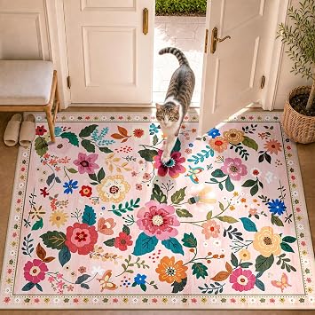 Rugs Living Room 90x150cm Pink, Machine Washable Floral Rug