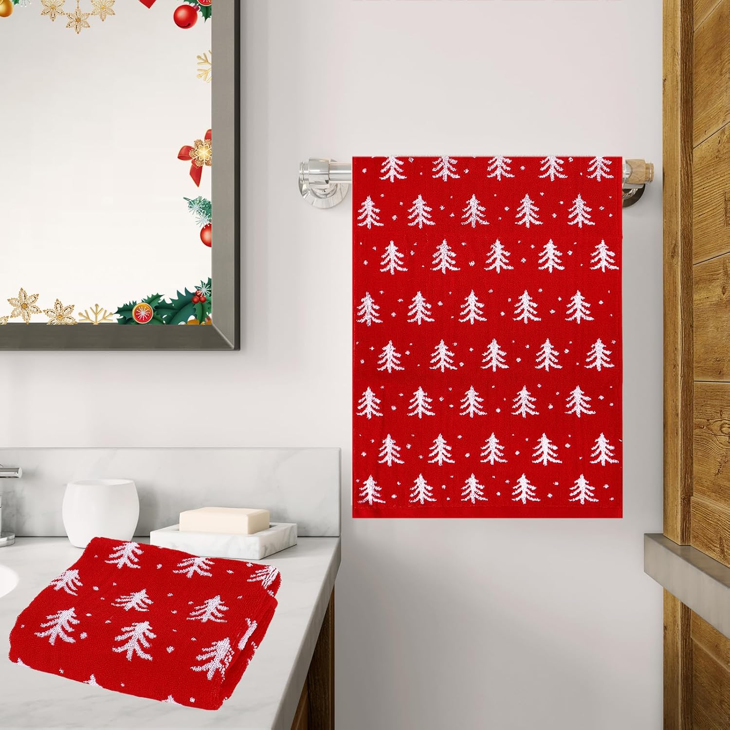 JarThenaAMCS 2 Pack Christmas Tree Hand Towels Red Xmas Tree Jacquard Cotton Bathroom Towels Decorative Absorbent Dish Towel for Holiday Winter Bathroom Kitchen Decor Gift, 29.5 x 13.7 Inch - Image 5