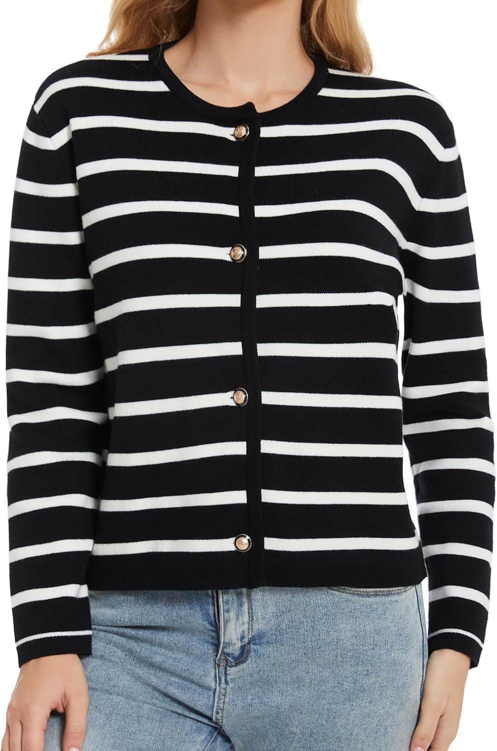 Women's Striped Cardigan Sweater Trendy Long Sleeve Button Down Crewneck Knit Cardigans - Image 2