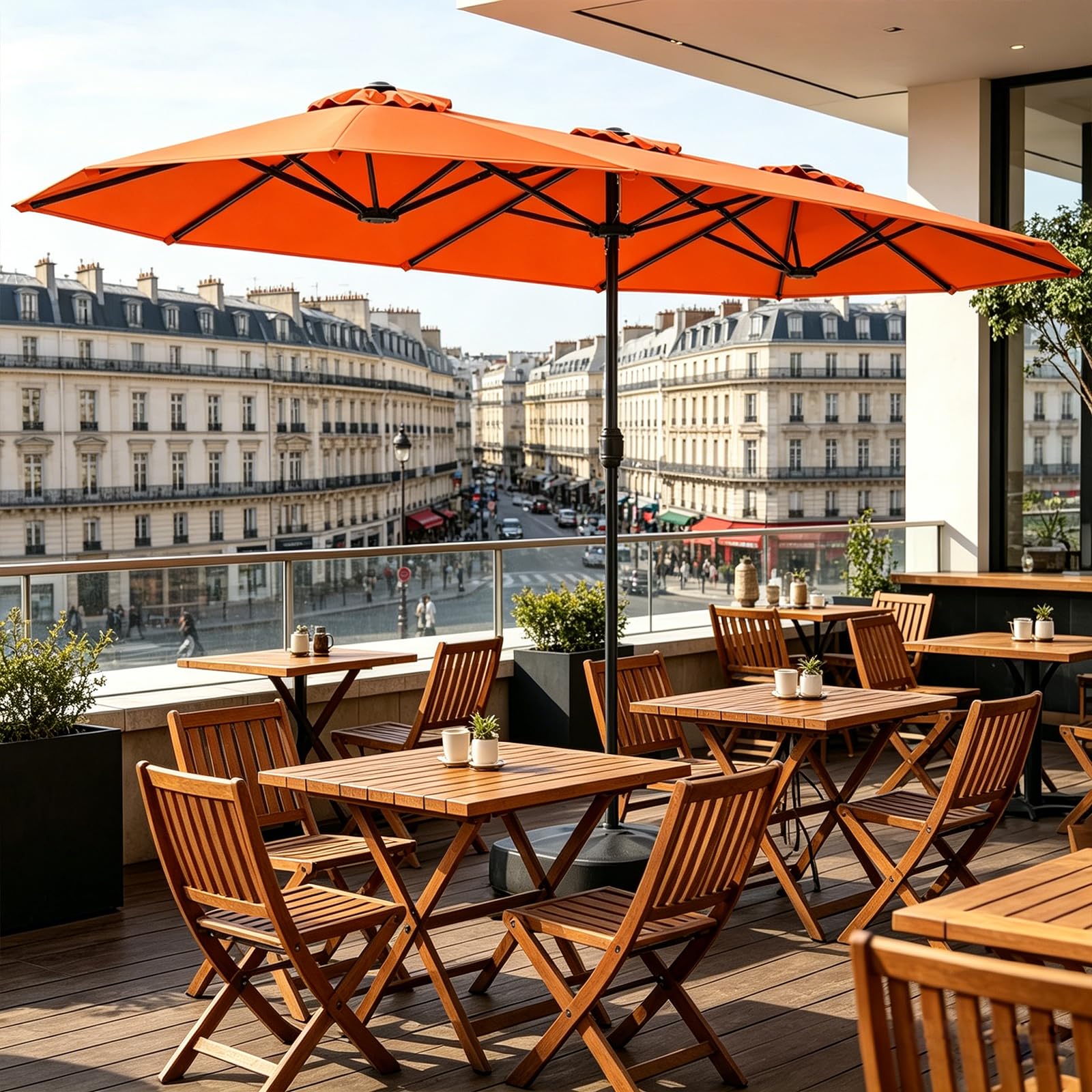 RELAX4LIFE Grand Parasol de Jardin Exterieur avec Pied, 4x2M Parasol Double pour Terrasse/Piscine/Marché, 12 Baleines Renforcées, Manivelle, Protection Solaire pour 6-8 Personnes (Orange)