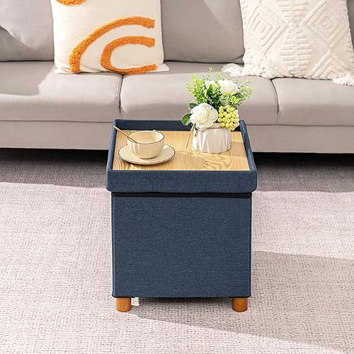 Miniatura 7 de B FSOBEIIALEO Otomana de almacenamiento con bandeja, taburetes de pies y otomanas con patas, cubo de almacenamiento, asiento de lino azul de 15