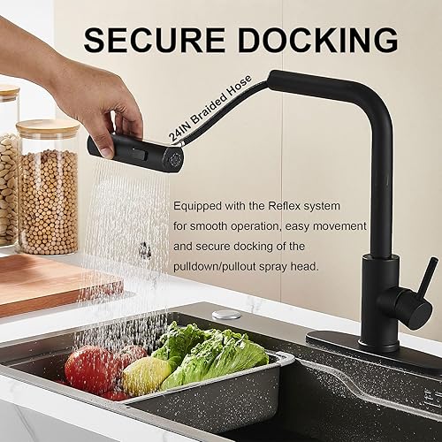 Miniatura 3 de Grifo de cocina con rociador extraíble, grifo de fregadero de cocina de acero inoxidable con un solo orificio con toque de cascada negra, grifos