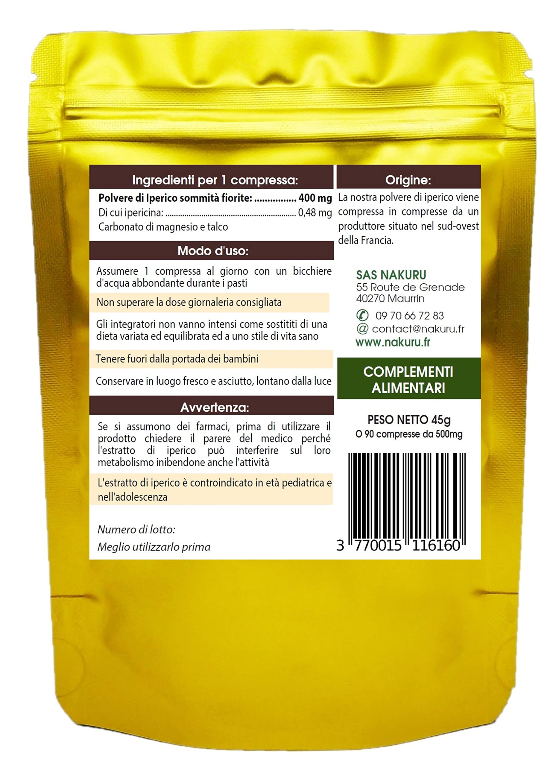 Erba di San Giovanni / 90 compresse da 500mg / NAKURU Relax/Polvere organica secca e compressa a freddo/Analizzata e condizionata in Francia / "La Caccia al Demone!" (Dorato)