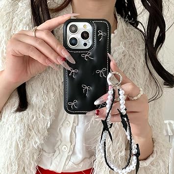 iPhone 17 Case, Mini Ribbon, Pink, PU Leather, Black, Popular Smartphone Case, Korea, Cute, Simple, y2k, Stylish, Embroidered iPhone Cover