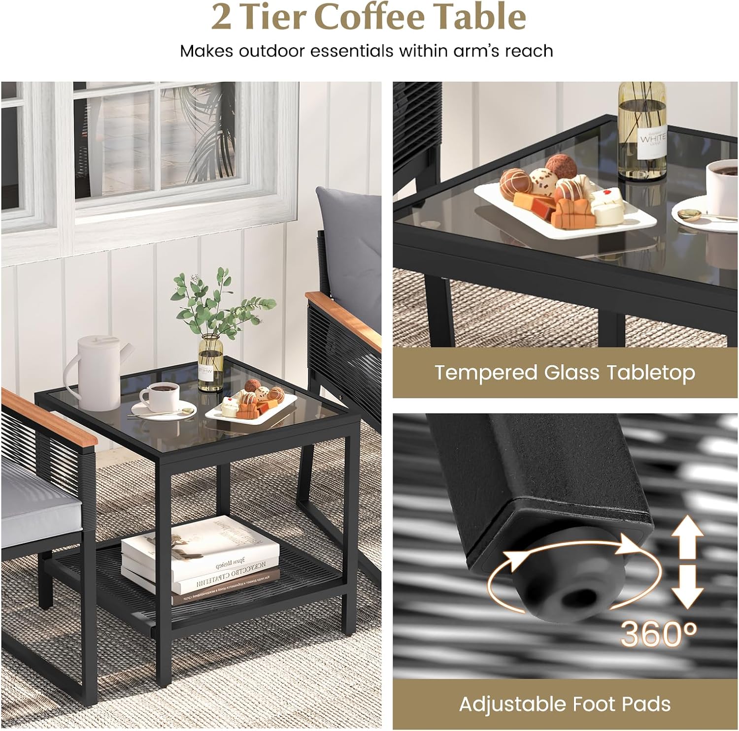 HAPPYGRILL 3 Pieces Patio Furniture Set PE Rattan Wicker Chairs with 2 Tier Coffee Table, Soft Back and Seat Cushions, Outdoor Conversation Set for Backyard, Garden and Poolside