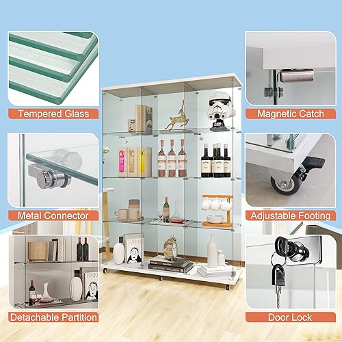 Miniatura 47 de FANYUSHOW Vitrina de cristal templado con 4 estantes con cerradura de seguridad, estante de exhibición de 0.197 in para sala de Blanco,Negro