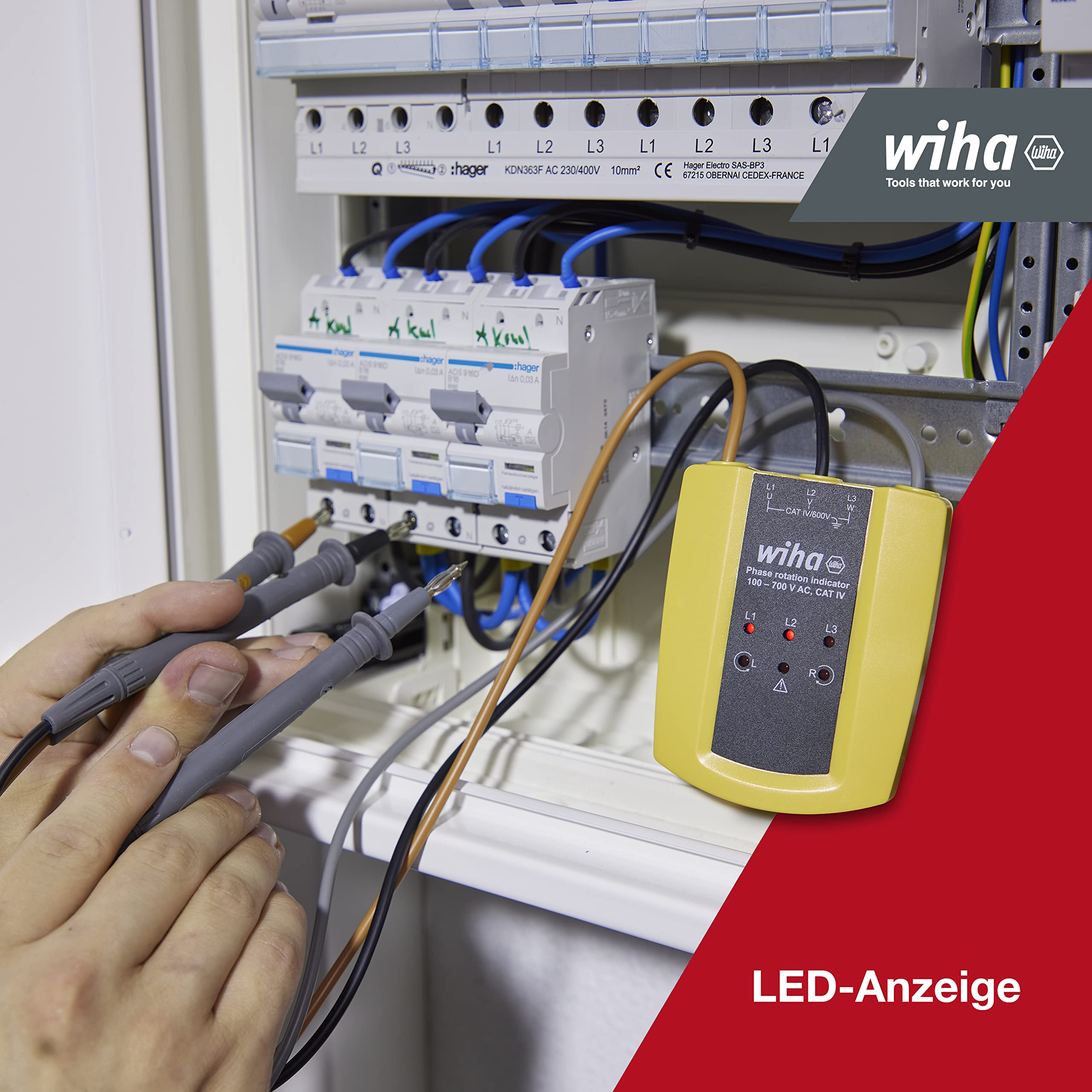 Wiha Drehfeldrichtungsanzeiger 100 - 700 V AC, CAT IV I 3 Phasen mit nur einer Prüfung I LED-Anzeige (45221)