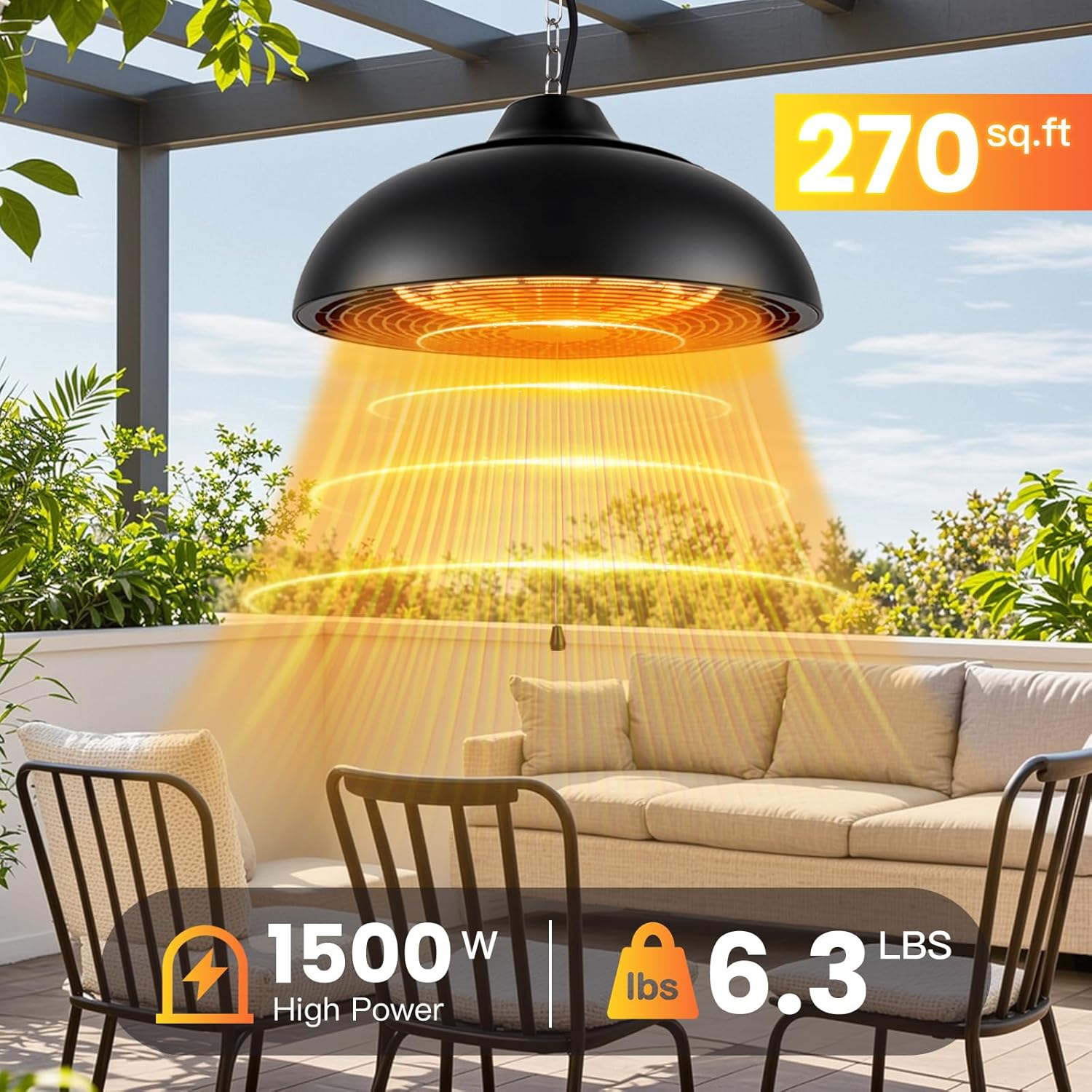 1500W Electric Hanging Patio Heater, 3S Instant Heat, Ceiling-Mounted Outdoor Heater with 3 Modes, Quiet Operation, Overheat Protection, IP55 Waterproof for Patio, Balcony & Garage