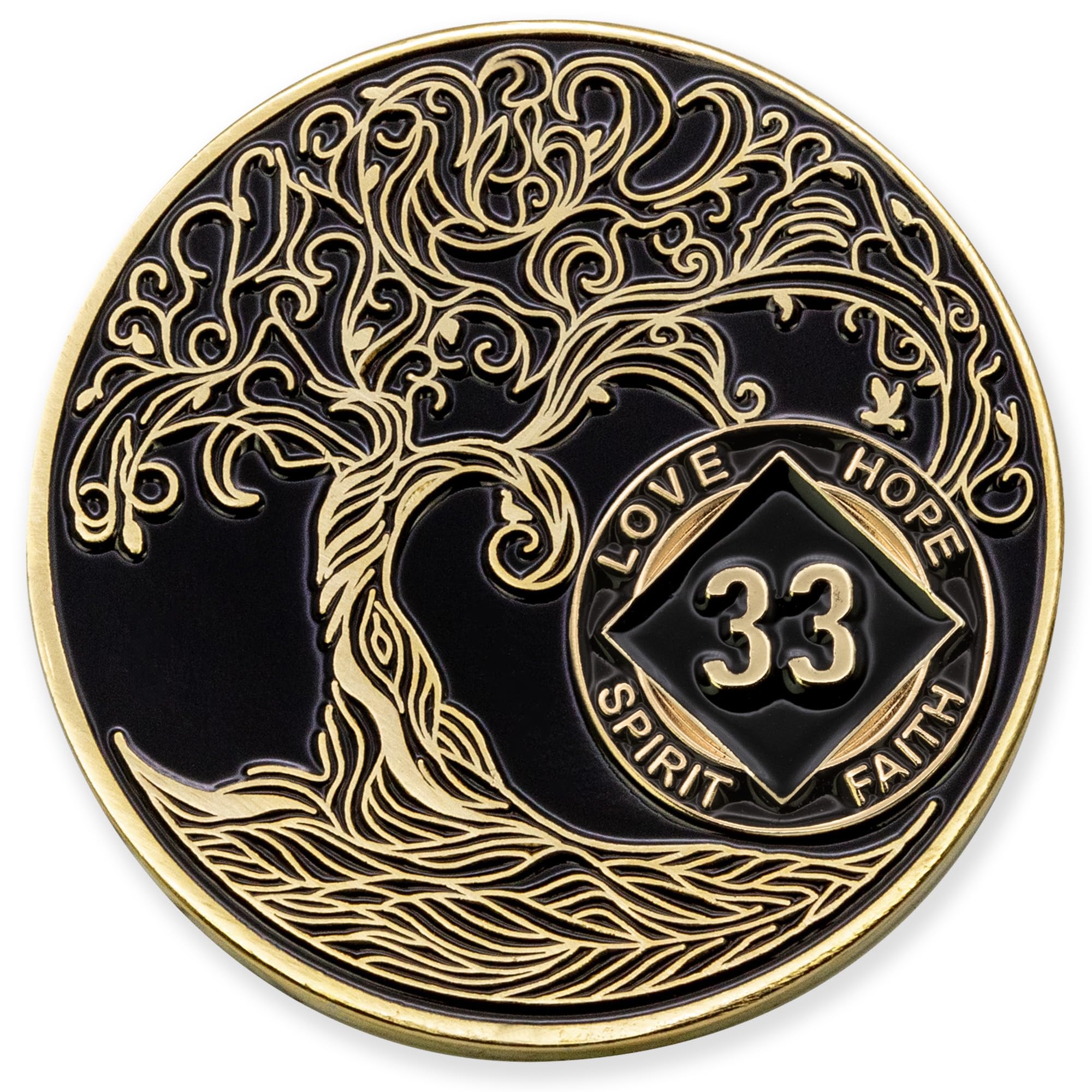 33 Years Black & Gold Plated NA Coin - Sobriety Mint Twisted Tree of Life Recovery Medallion/Chip - Black/Gold