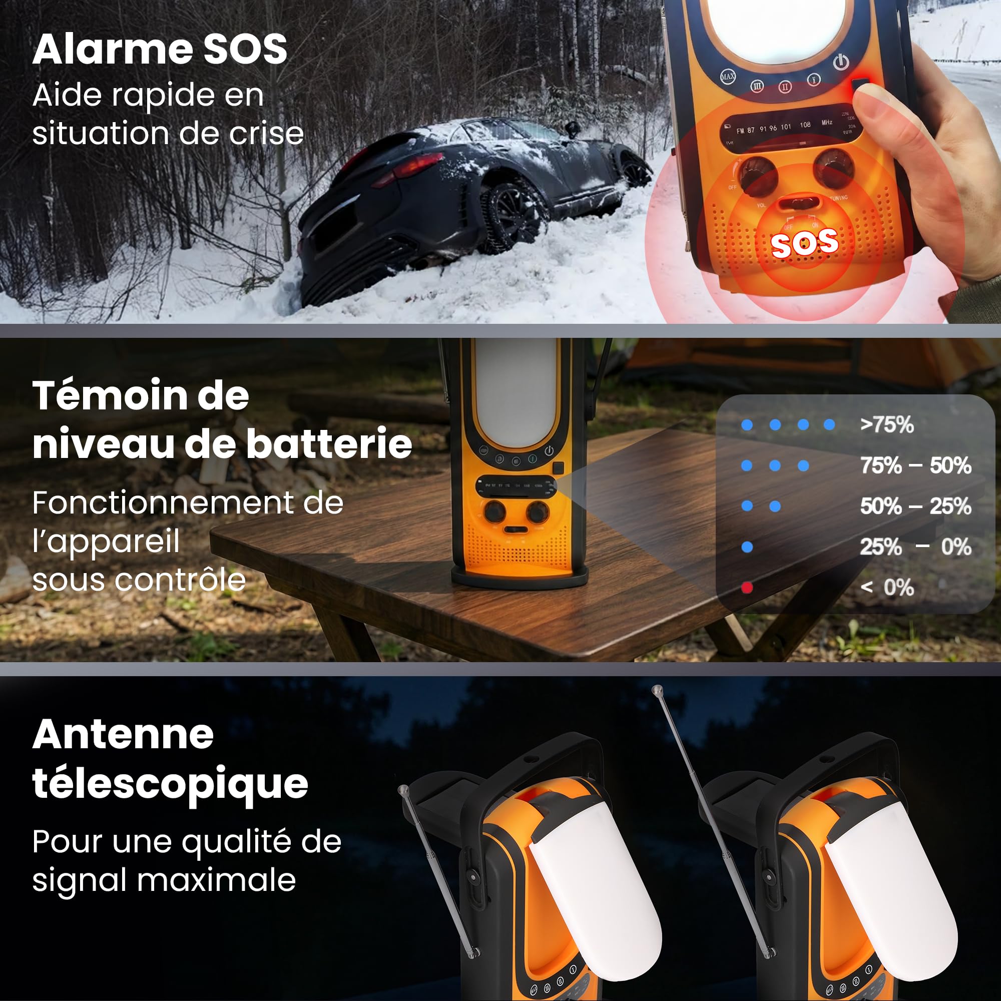 Extralnik Radio Solaire & Radio manivelle avec powerbank 6000mAh, 6 Modes de Charge, USB C, Lampe de Poche & Lampe de Lecture, Alarme SOS, équipement d'urgence, Outdoor, Camping