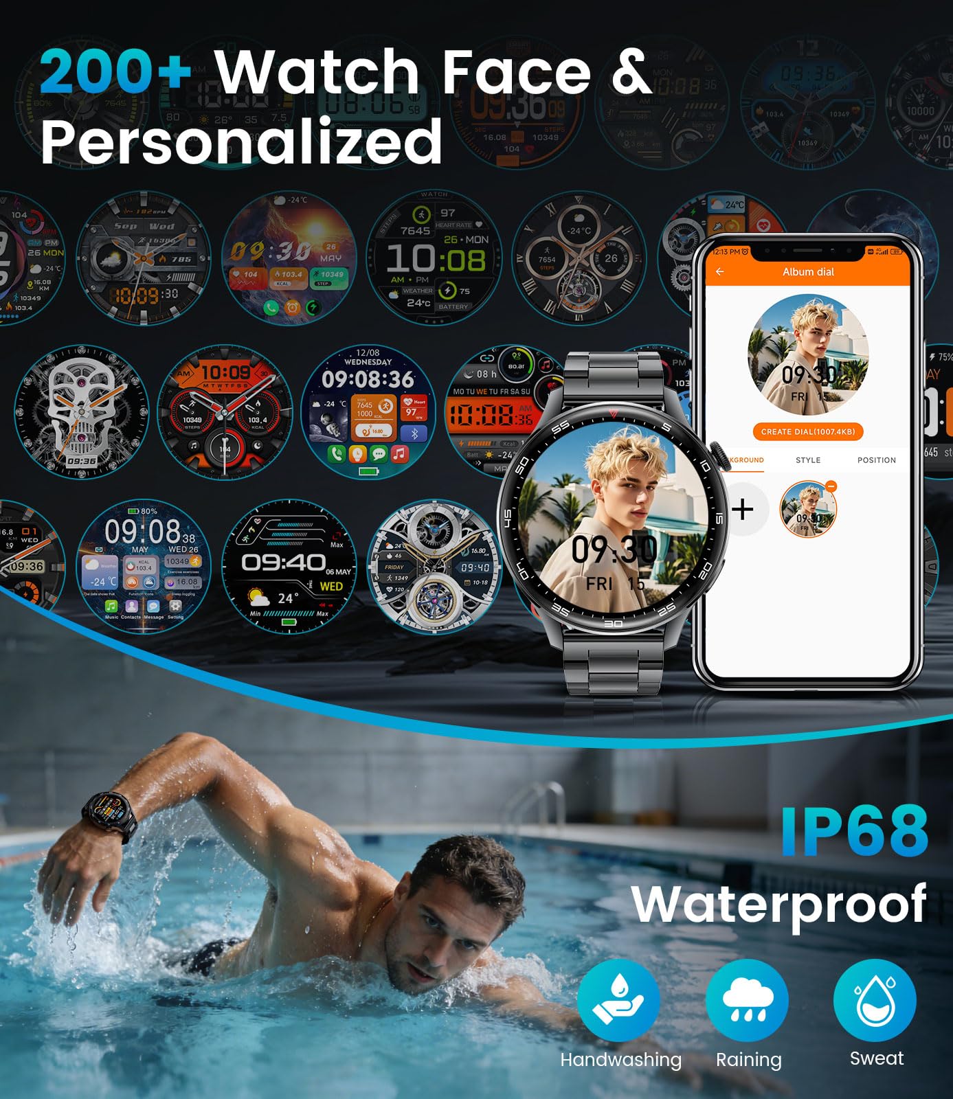 Smartwatch Uomo con Chiamate Bluetooth, 1,7" Ampio Schermo con Torcia a LED/800 mAh/Impermeabile IP68/100+ Modalità Sportive/Monitor Frequenza Cardiaca/Sonno per Android e iOS, Silicone Nero