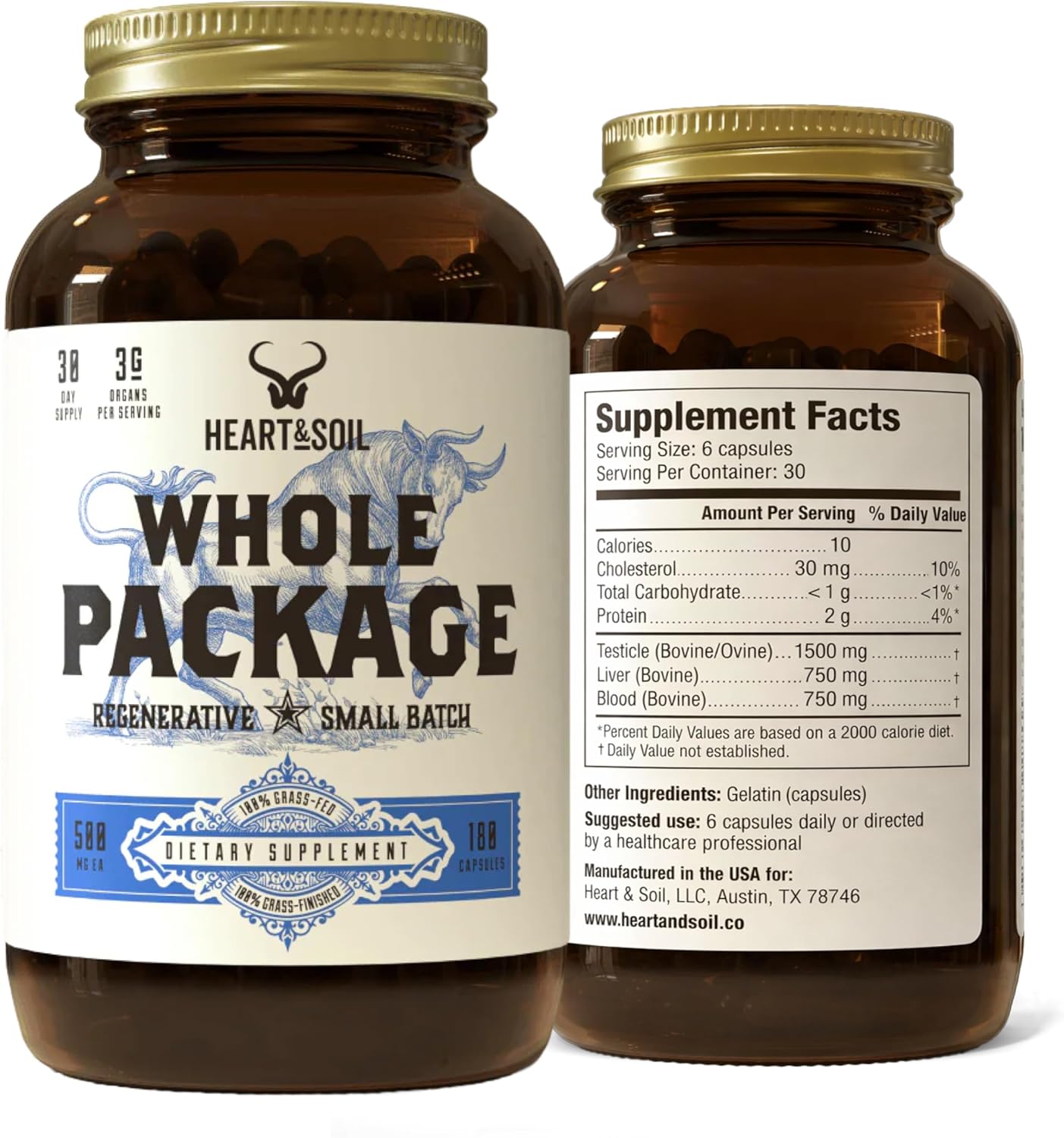 Heart & Soil Whole Package Supplement — Grass-Fed Testicle, Liver & Whole Blood Extract to Support Energy, Libido, Exercise Performance, and Vascular Health (180 Capsules)