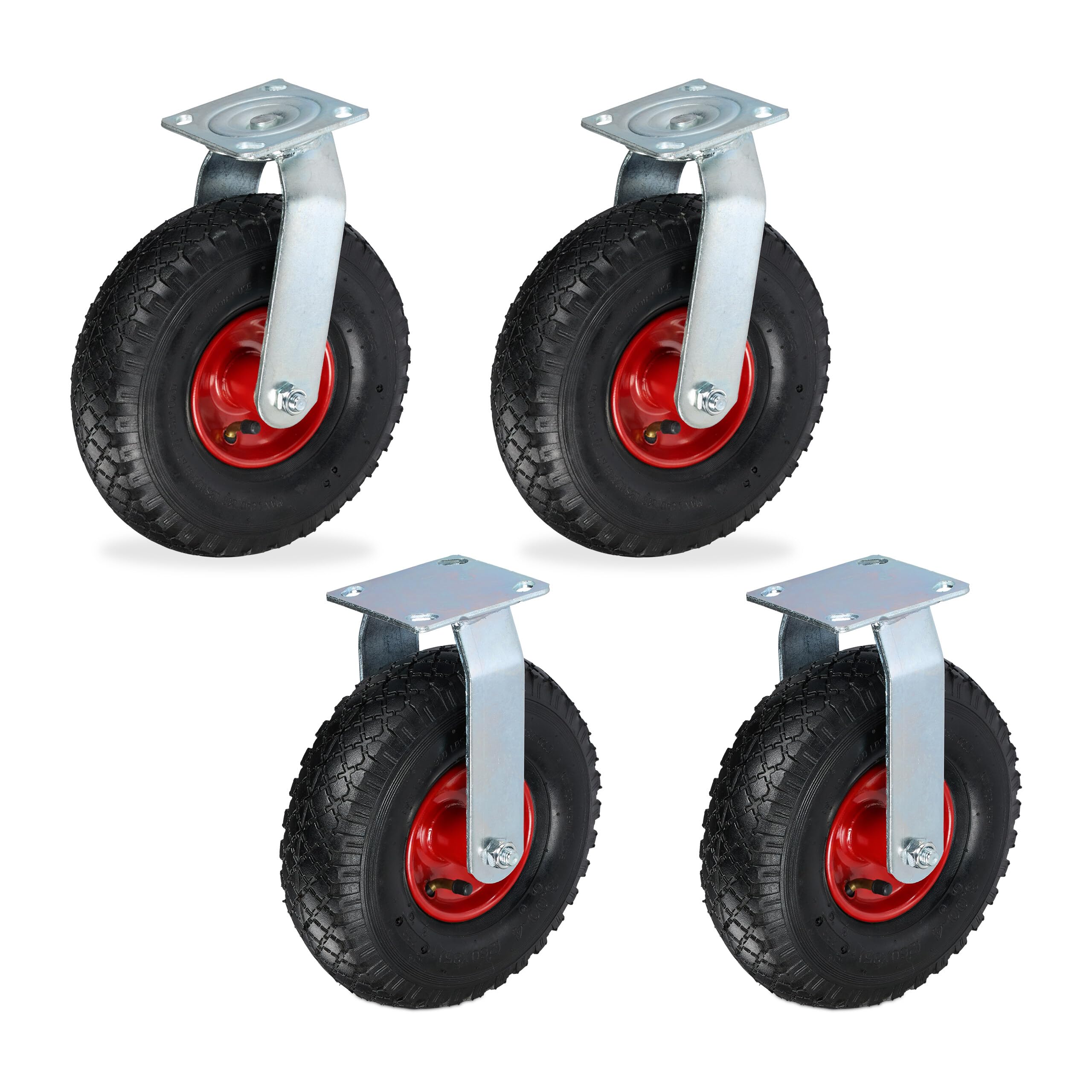 Relaxdays Set 4 Ruote Fisse e Girevoli 3.00-4, Rotelle per Mobili e per Carichi di Portata 120 kg, Piastra di Fissaggio
