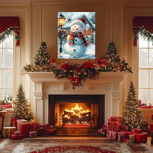 Miniatura 5 de B.B.F MAKE Lienzo de Navidad enmarcado para decoración de sala de estar, pintura al óleo clásica, lindo muñeco de nieve, lienzo impreso, decoración