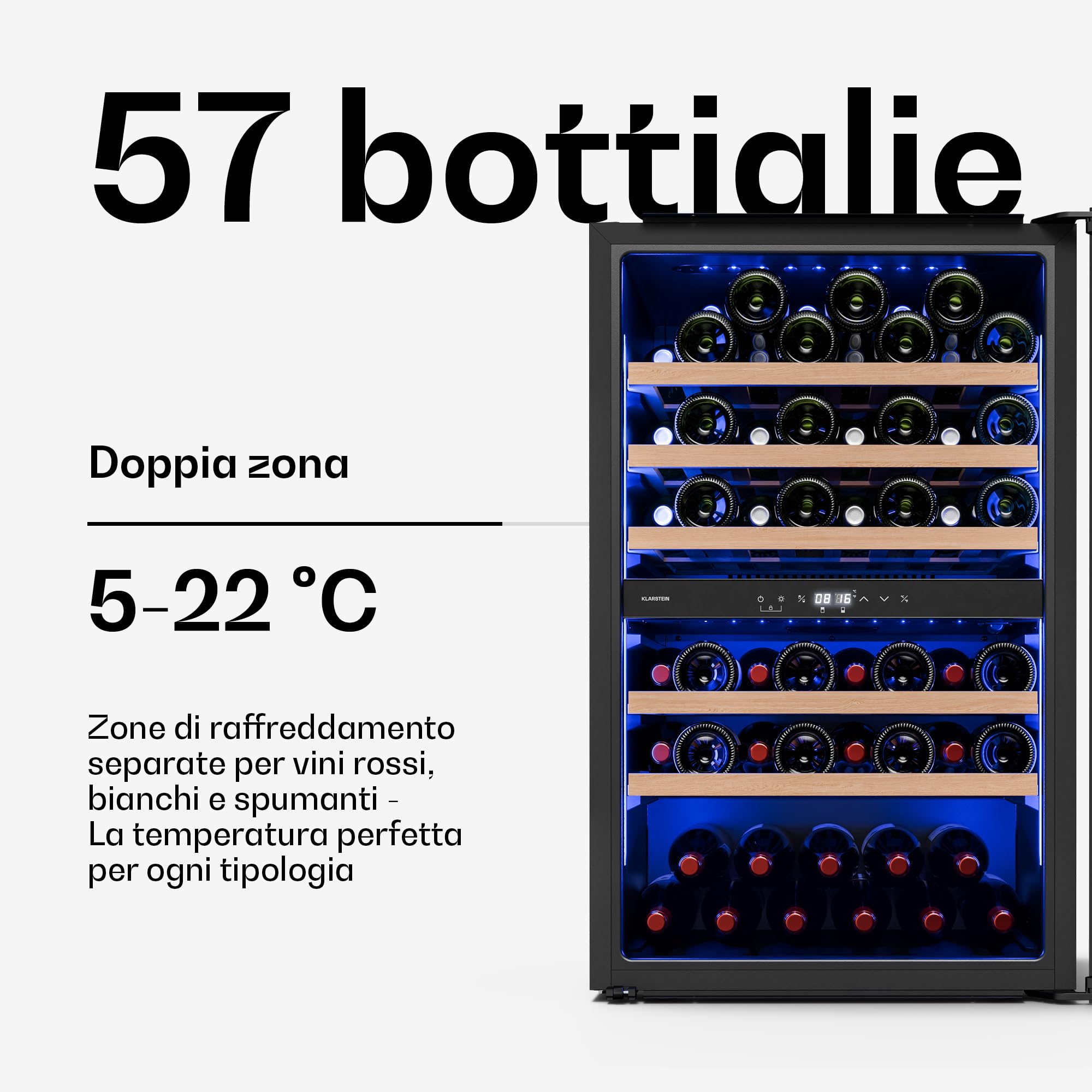 KLARSTEIN Illuminosa Cantinetta Vino da Incasso - 57 Bottiglie, Doppia Zona, 5-22°C, Touch, LED, Ripiani Legno, Porta UV, Silenziosa, Cantina Frigo per Vino