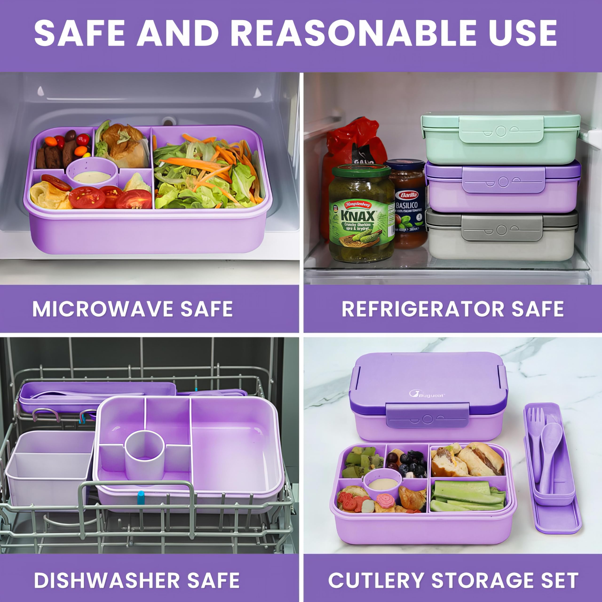 Bugucat Bento Lunch Box, 1300ML with 4 Compartments, Cutlery, Leak-Proof for Kids & Adults, Purple, 1PCS - Image 4
