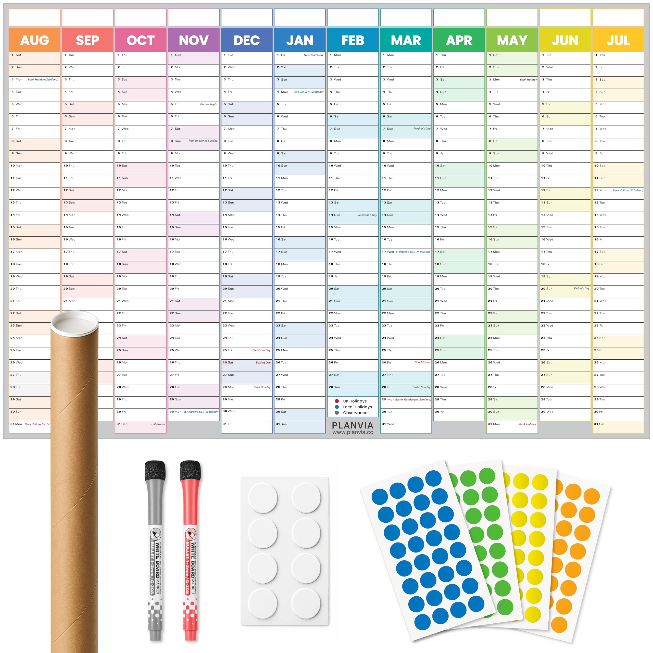 Academic Year Wall Planner 2026-2027 Large A1 UK Calendar 87 x 58cm Laminated Erasable Rolled No Creases Yearly Wall Chart With Pens, Adhesive Pads & Coloured Stickers for Home & Office by Planvia