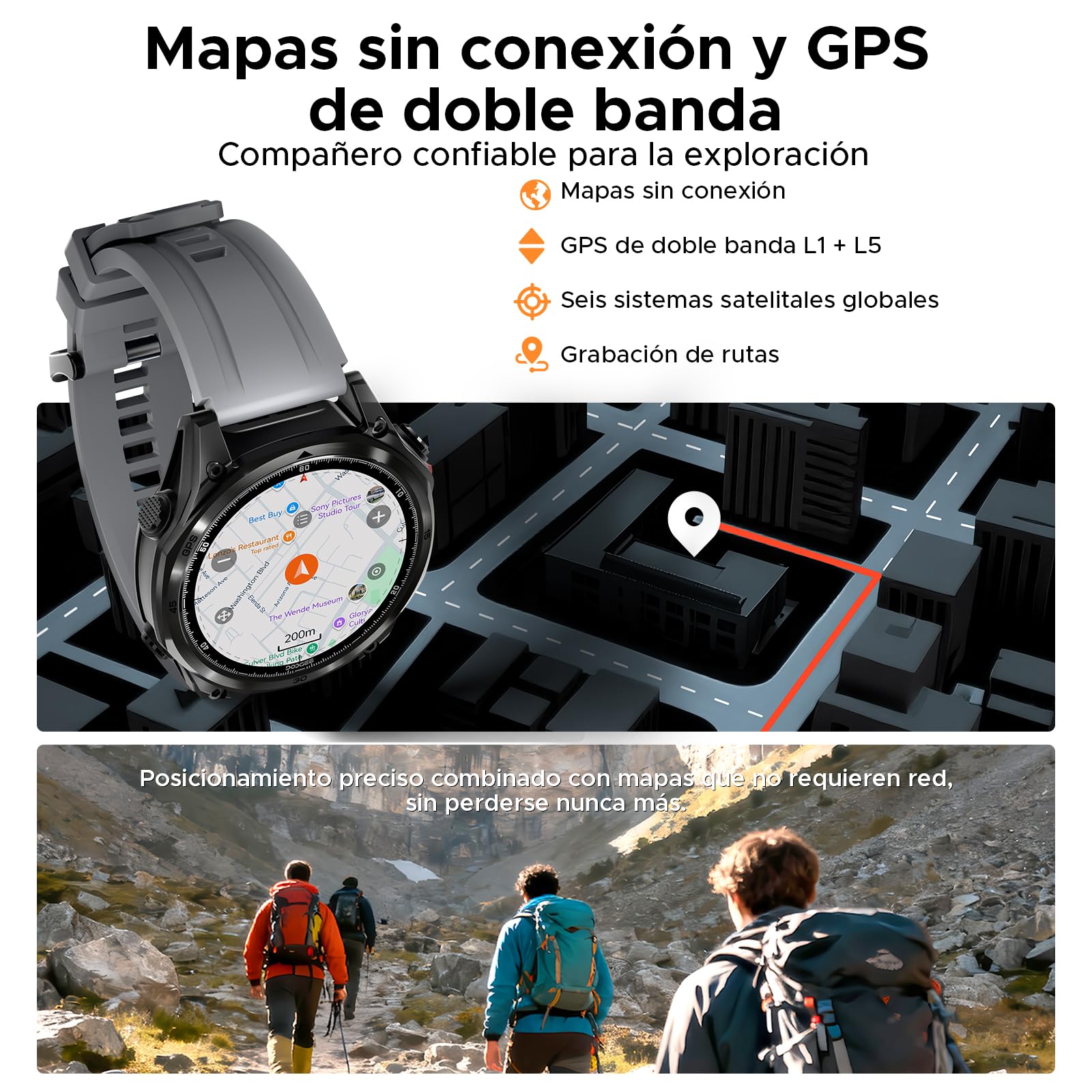 Anywise W1 Pro Reloj Inteligente para Hombre, GPS de Doble Banda y Tarjetas sin conexión, Resistente al Agua 5 ATM, batería de 18 días, 1,43 Pulgadas AMOLED HD, 170+ Modos Deportivos, Llamadas