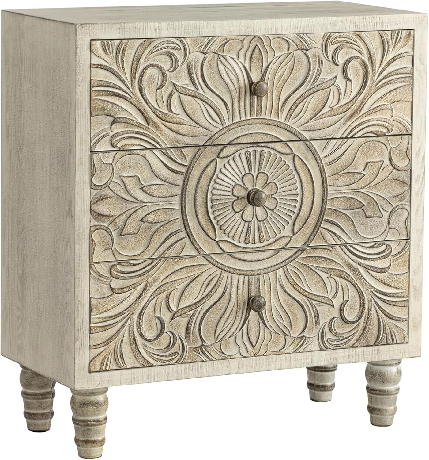 COZAYH 3-Drawer Farmhouse Nightstand Dresser, Carved Floral Distressed White, Smooth Glide Storage - Rustic Boho Bedroom Furniture